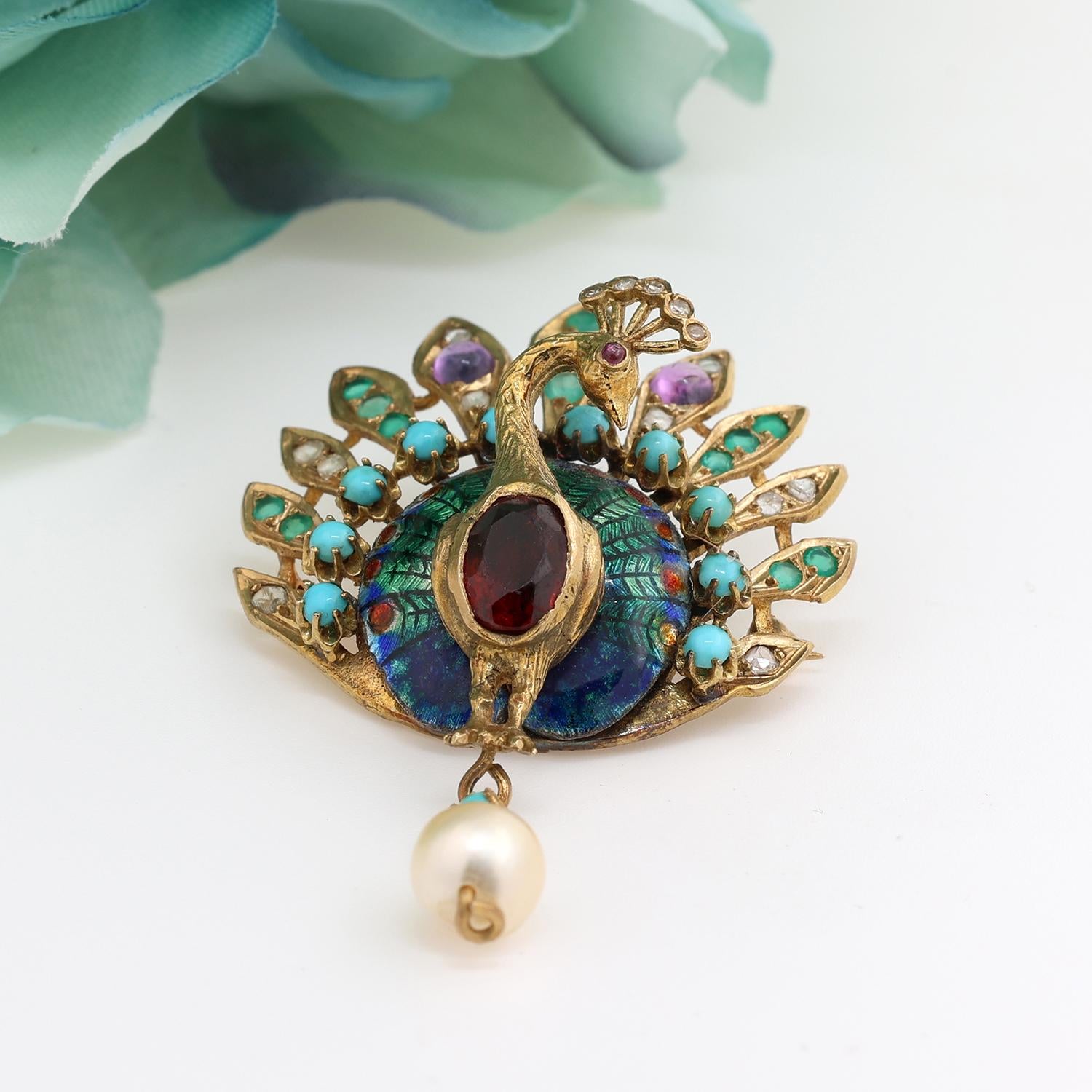 Multi Gemstone Diamond Peacock Enamel Brooch Pin Pendant 14K Yellow Gold 2.35"