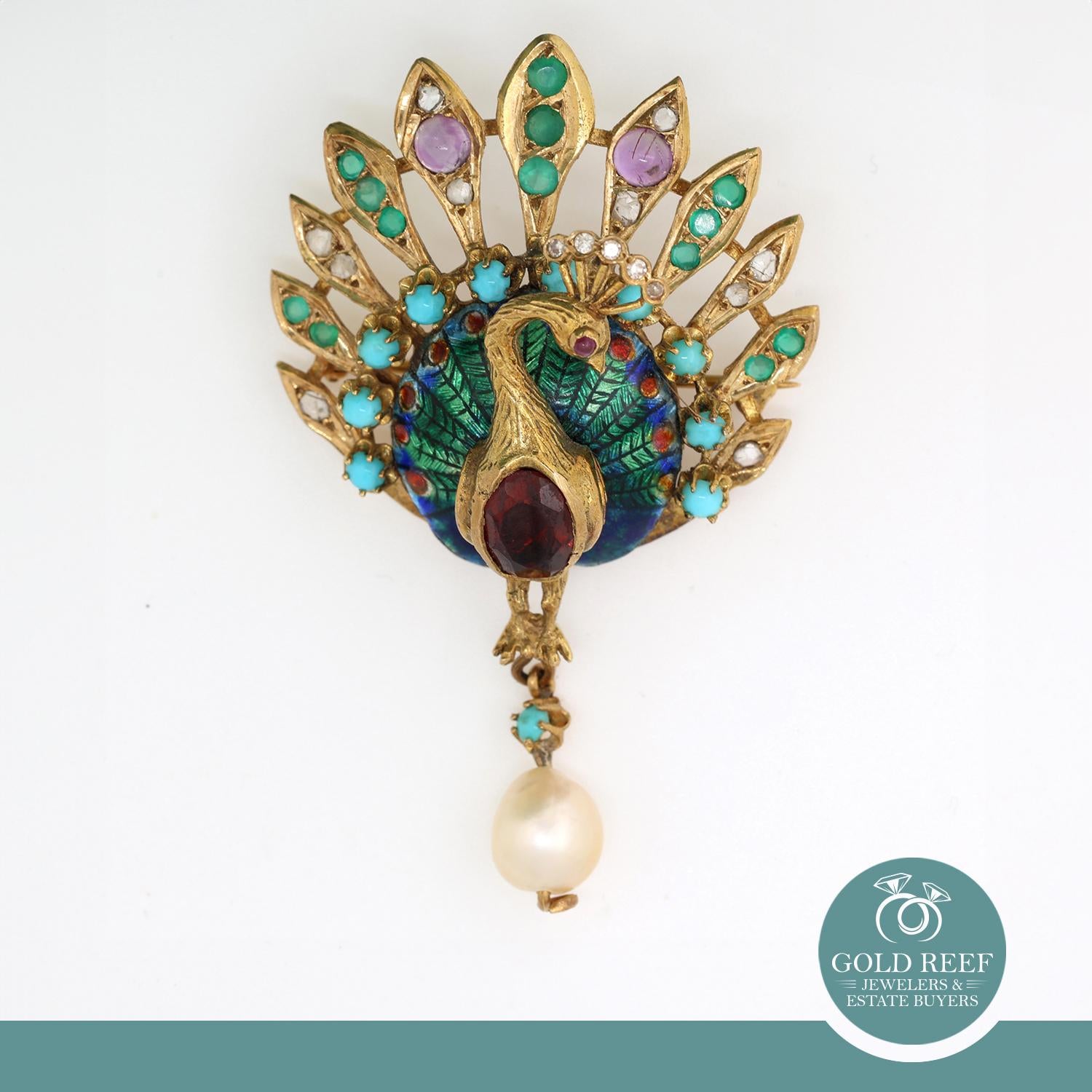 Multi Gemstone Diamond Peacock Enamel Brooch Pin Pendant 14K Yellow Gold 2.35"