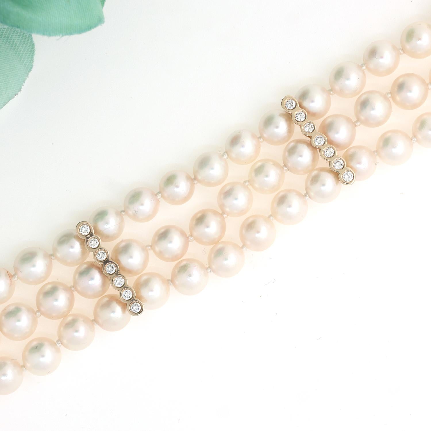 Vintage 3-Strand Pearl Diamond Bracelet 14K Yellow Gold 0.80 TW Size 7.5" Estate