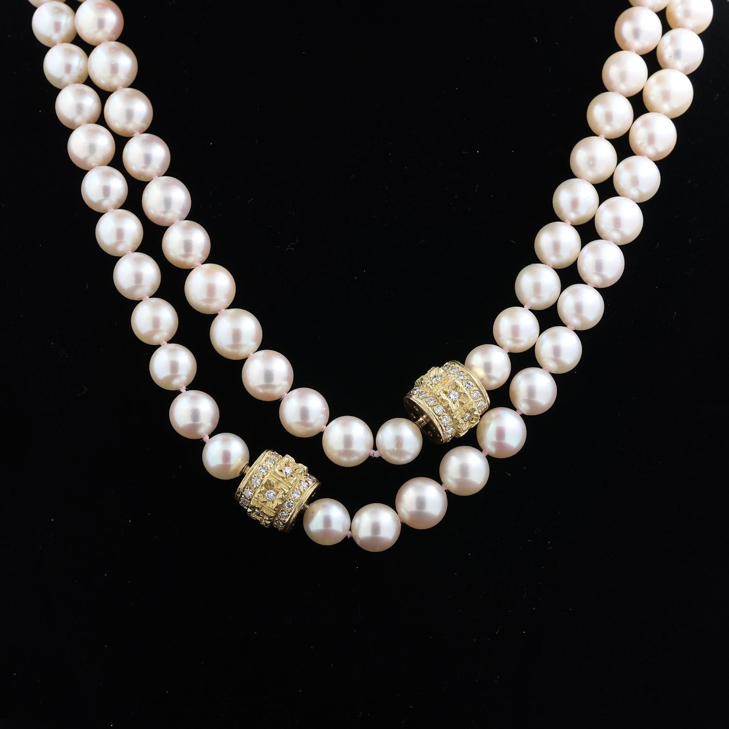 Vintage Estate Freshwater Pearl Necklace 18K Yellow Gold Diamond Clasp 36"