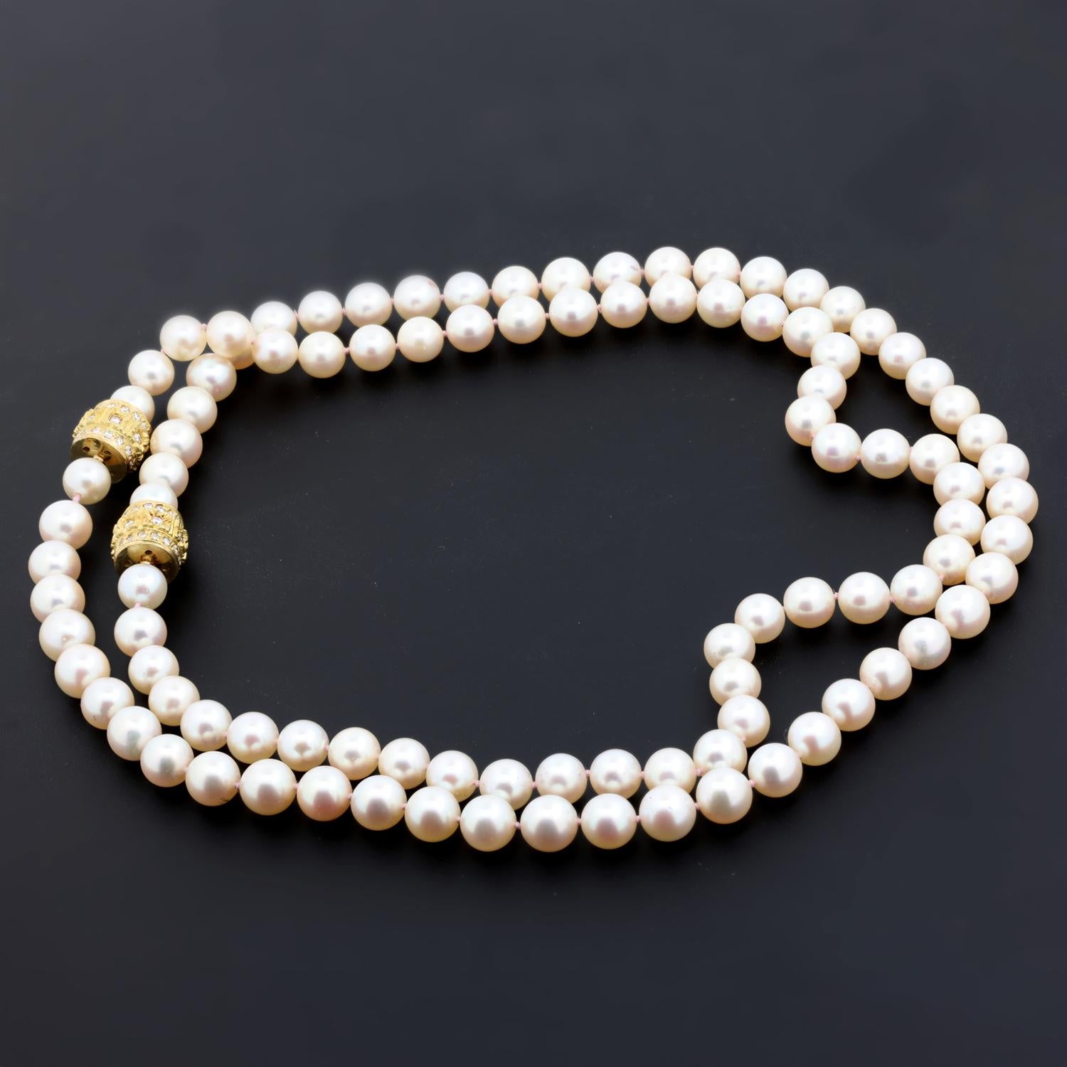 Vintage Estate Freshwater Pearl Necklace 18K Yellow Gold Diamond Clasp 36"