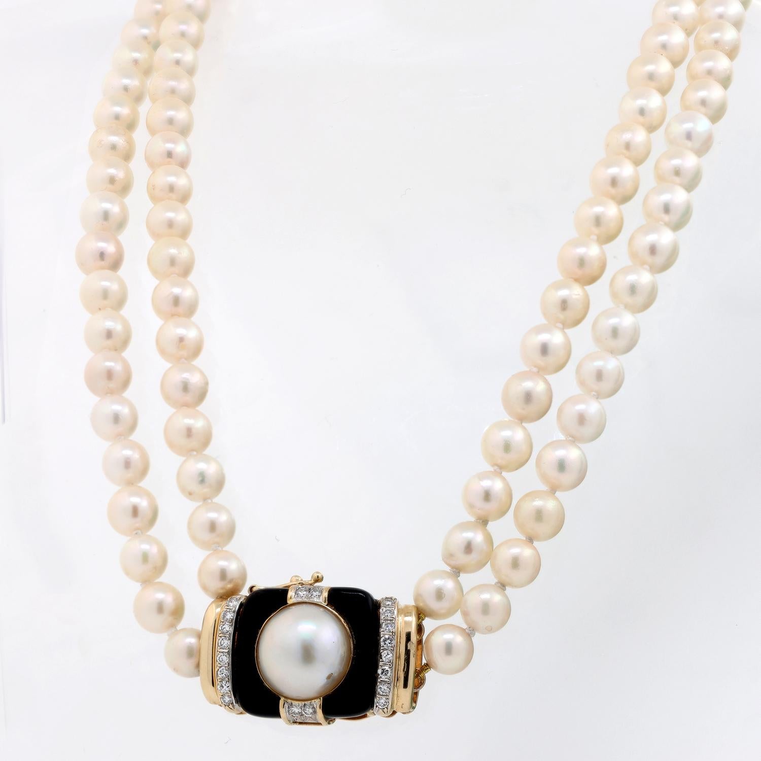 Akoya Pearl Choker Necklace 2-Strand 14K Yellow Gold Diamond Onyx Clasp 15-16"