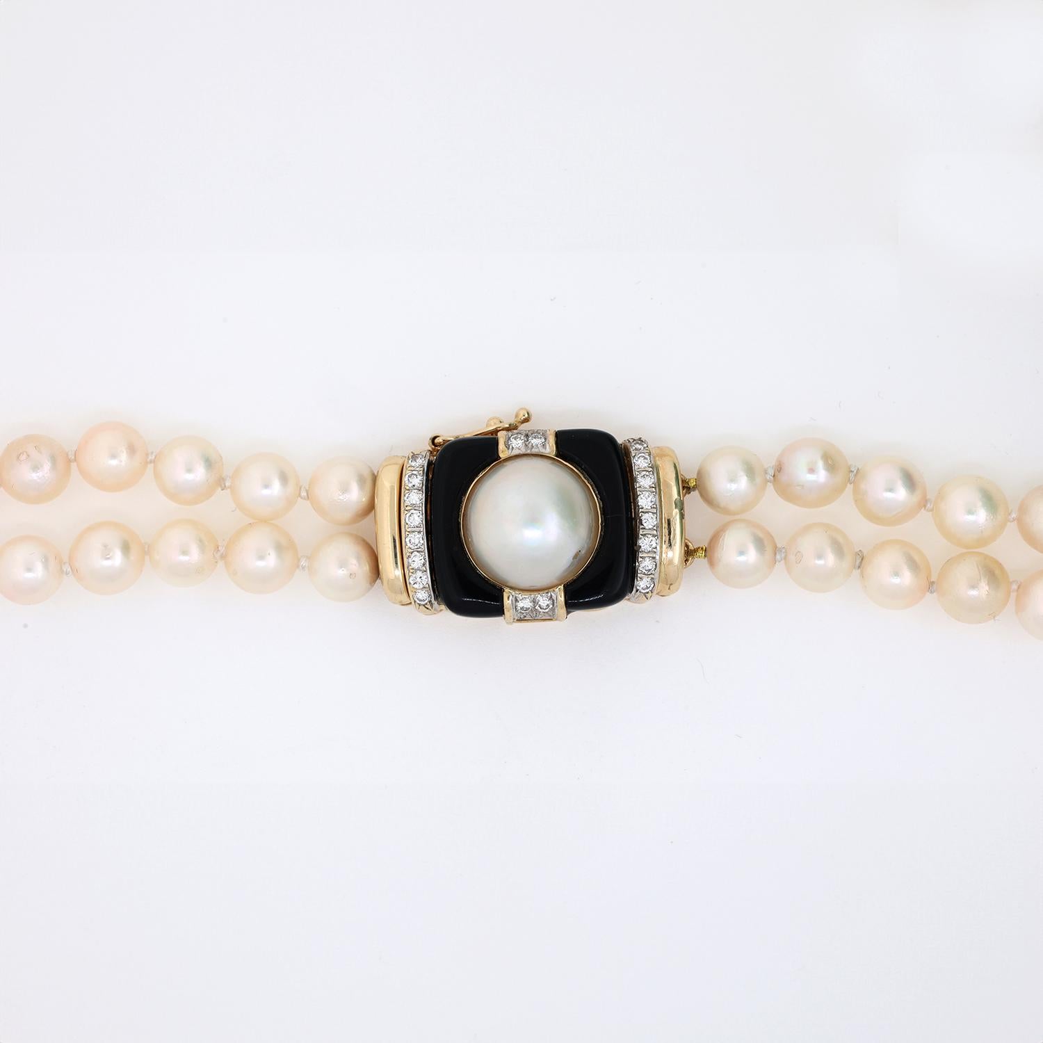 Akoya Pearl Choker Necklace 2-Strand 14K Yellow Gold Diamond Onyx Clasp 15-16"