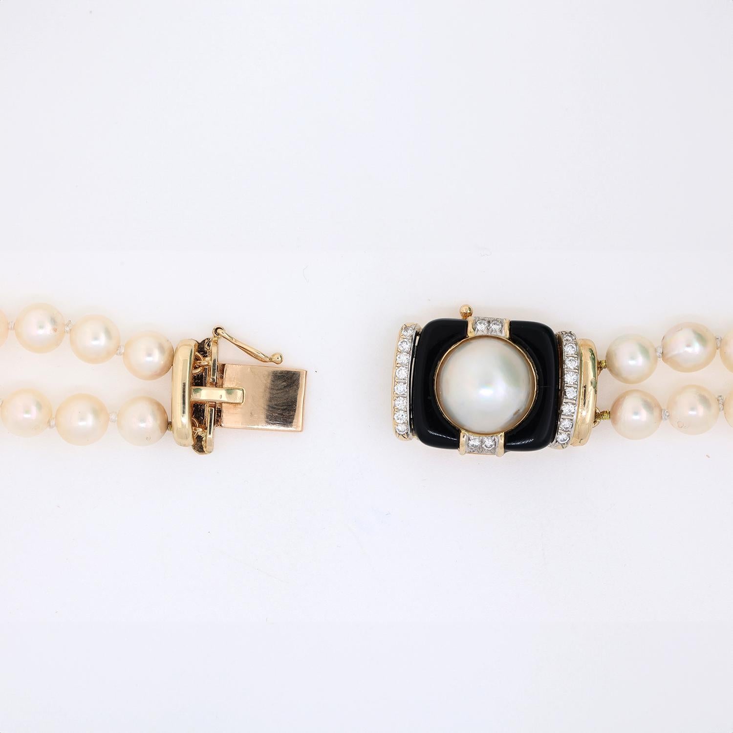 Akoya Pearl Choker Necklace 2-Strand 14K Yellow Gold Diamond Onyx Clasp 15-16"