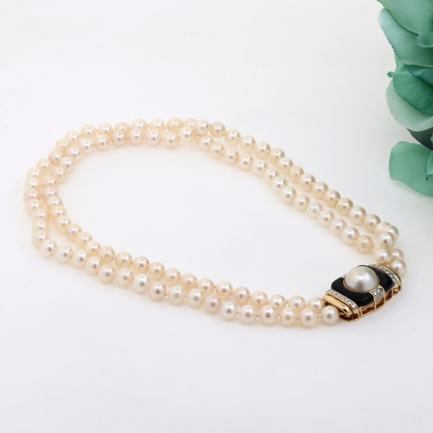 Akoya Pearl Choker Necklace 2-Strand 14K Yellow Gold Diamond Onyx Clasp 15-16"