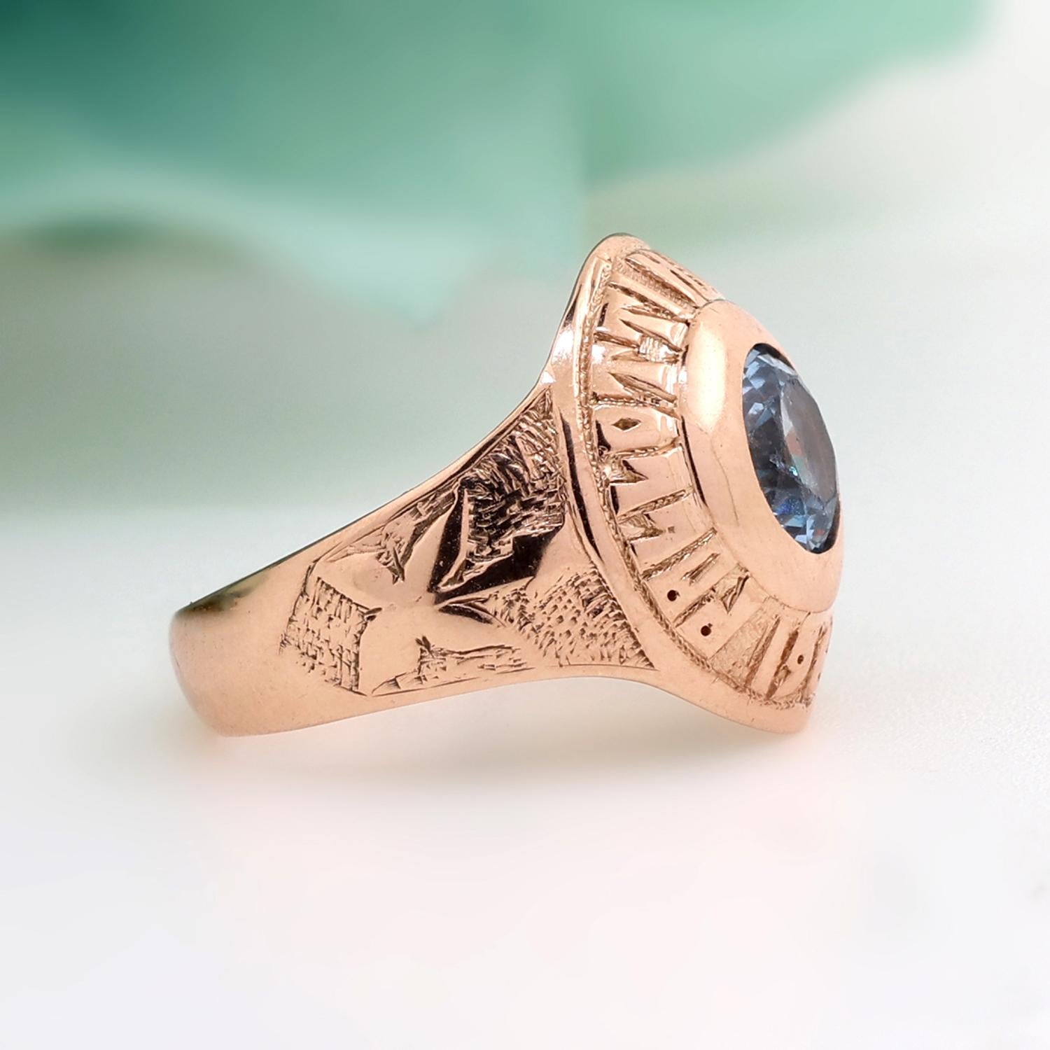 Pallotti High School Class Ring 1961 10K Yellow Gold Blue Topaz Gem Size 5
