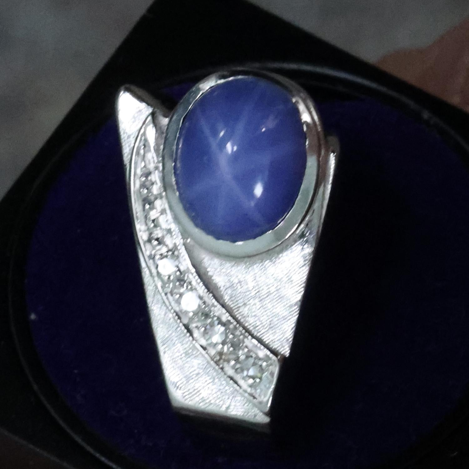 Blue Star Sapphire Diamond Ring 14K White Gold 3.68 CTW Cabochon Gem Size 7.25