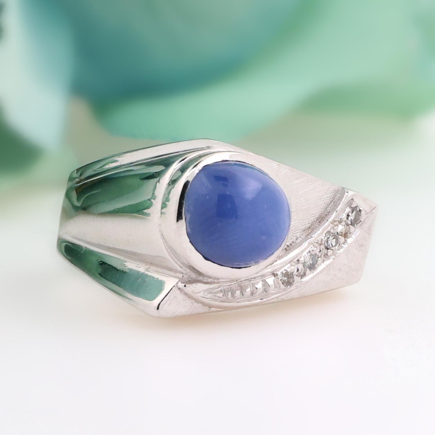 Blue Star Sapphire Diamond Ring 14K White Gold 3.68 CTW Cabochon Gem Size 7.25