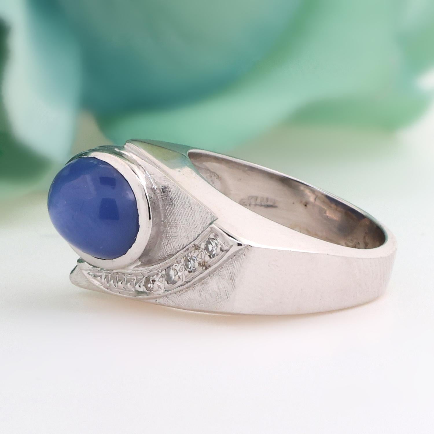 Blue Star Sapphire Diamond Ring 14K White Gold 3.68 CTW Cabochon Gem Size 7.25