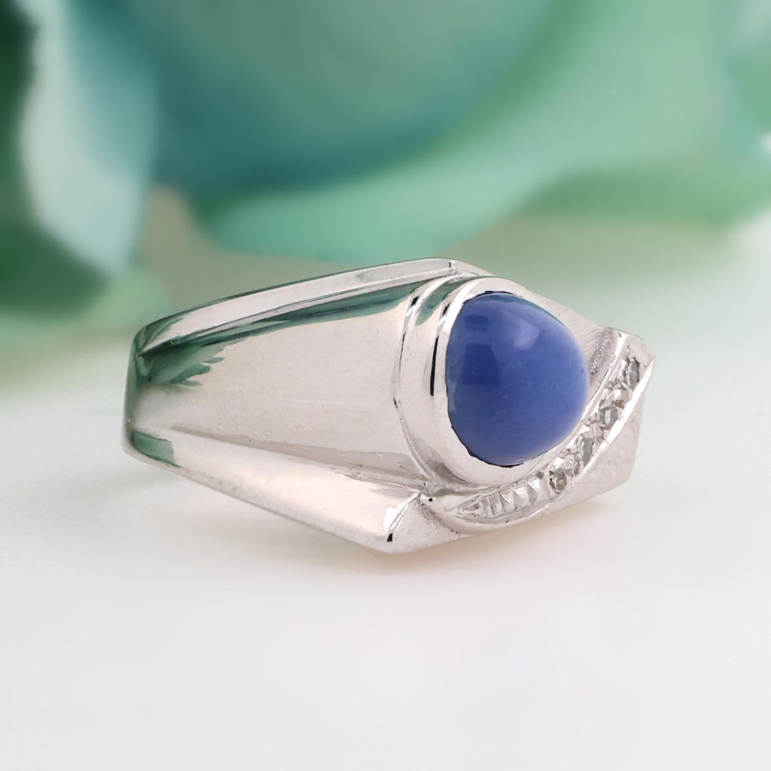 Blue Star Sapphire Diamond Ring 14K White Gold 3.68 CTW Cabochon Gem Size 7.25