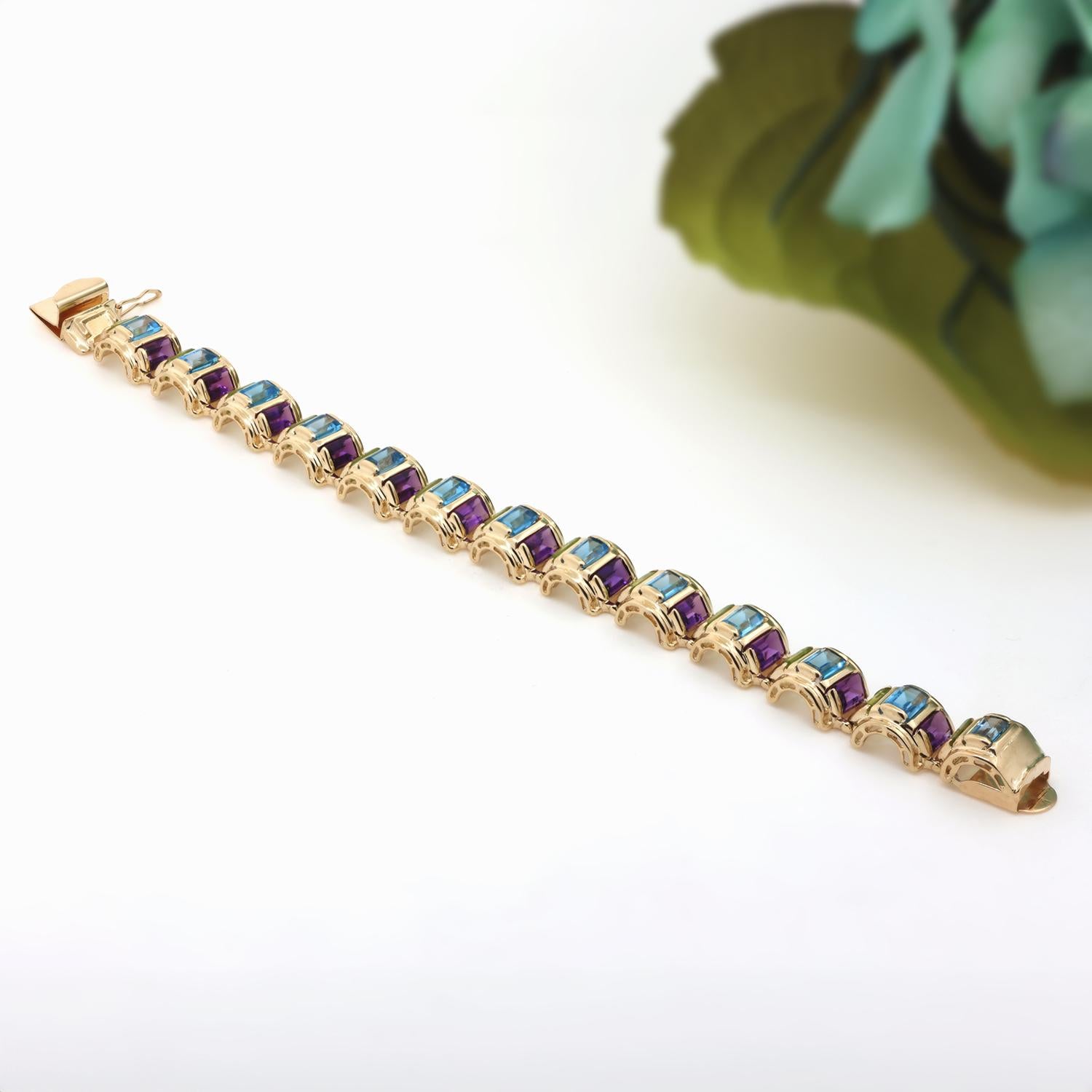 Multi-Gemstone Dome Bracelet 14K Yellow Gold 26.34 CTW Emerald Cut Gems 7.25"