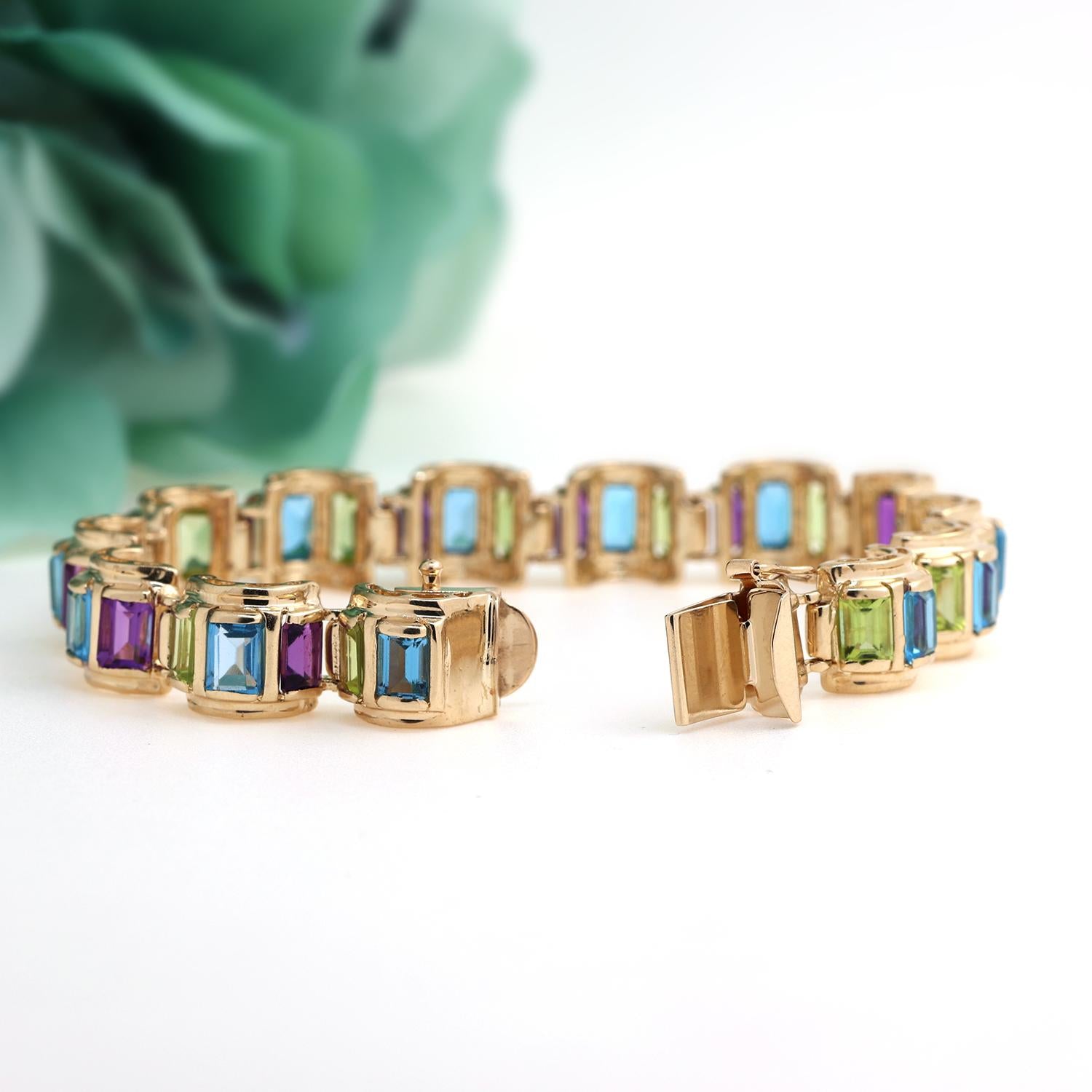 Multi-Gemstone Dome Bracelet 14K Yellow Gold 26.34 CTW Emerald Cut Gems 7.25"