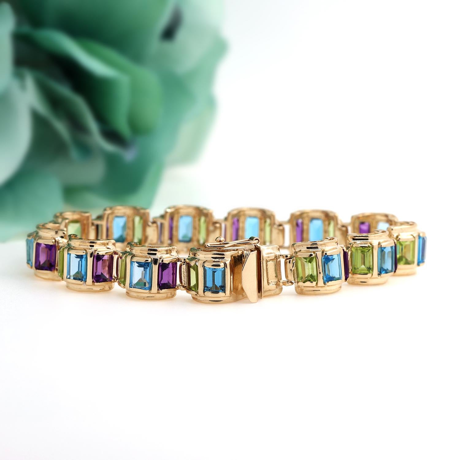 Multi-Gemstone Dome Bracelet 14K Yellow Gold 26.34 CTW Emerald Cut Gems 7.25"