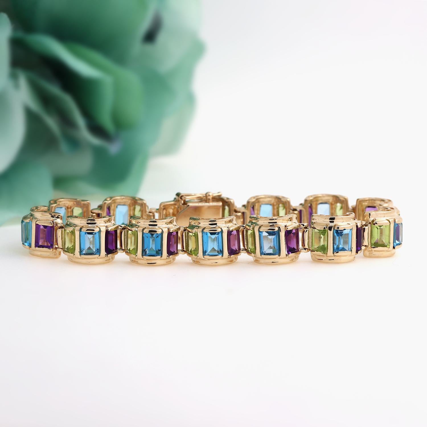 Multi-Gemstone Dome Bracelet 14K Yellow Gold 26.34 CTW Emerald Cut Gems 7.25"