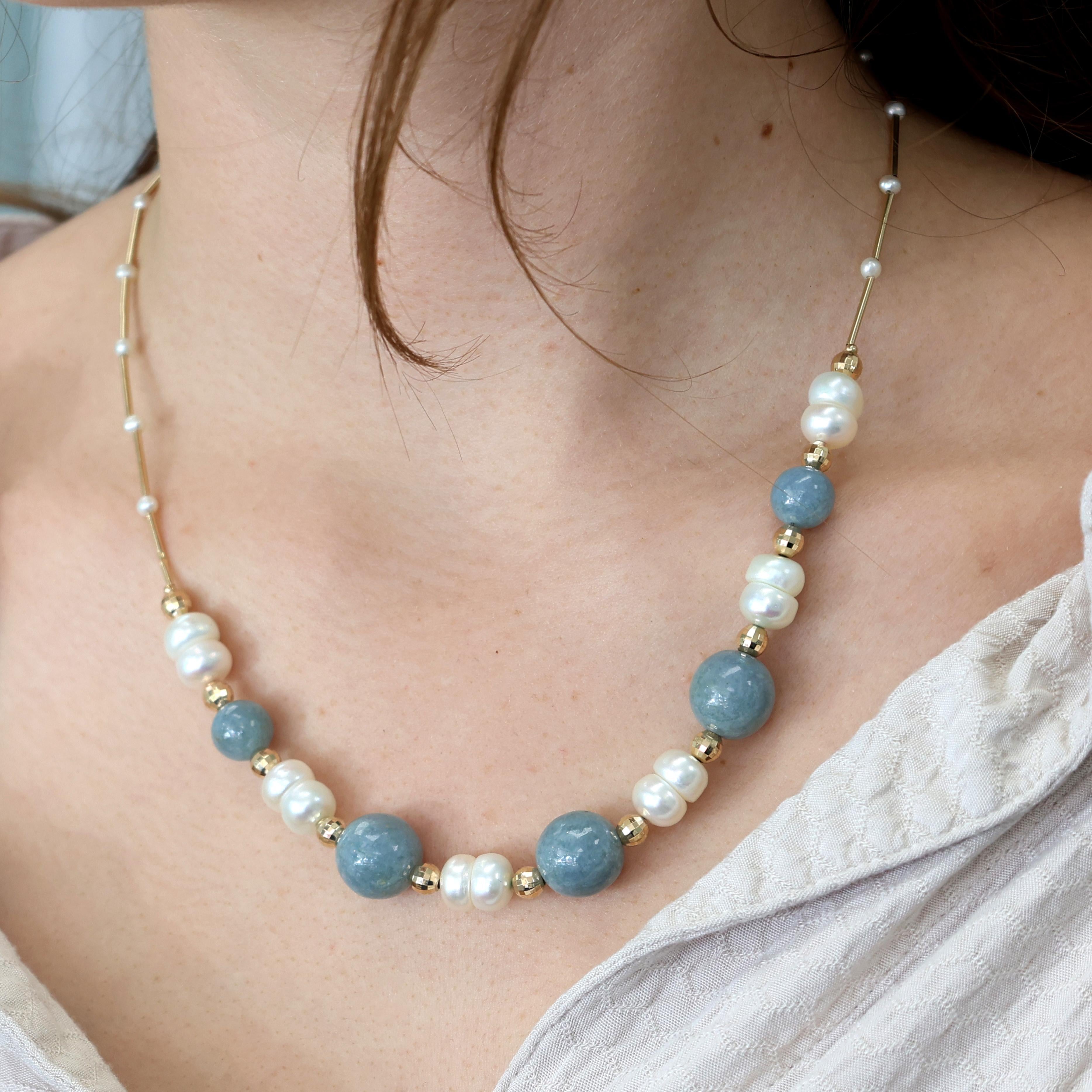Freshwater Pearl Jade Beaded Ball Necklace 14K Yellow Gold Ladies 18.25" Vintage
