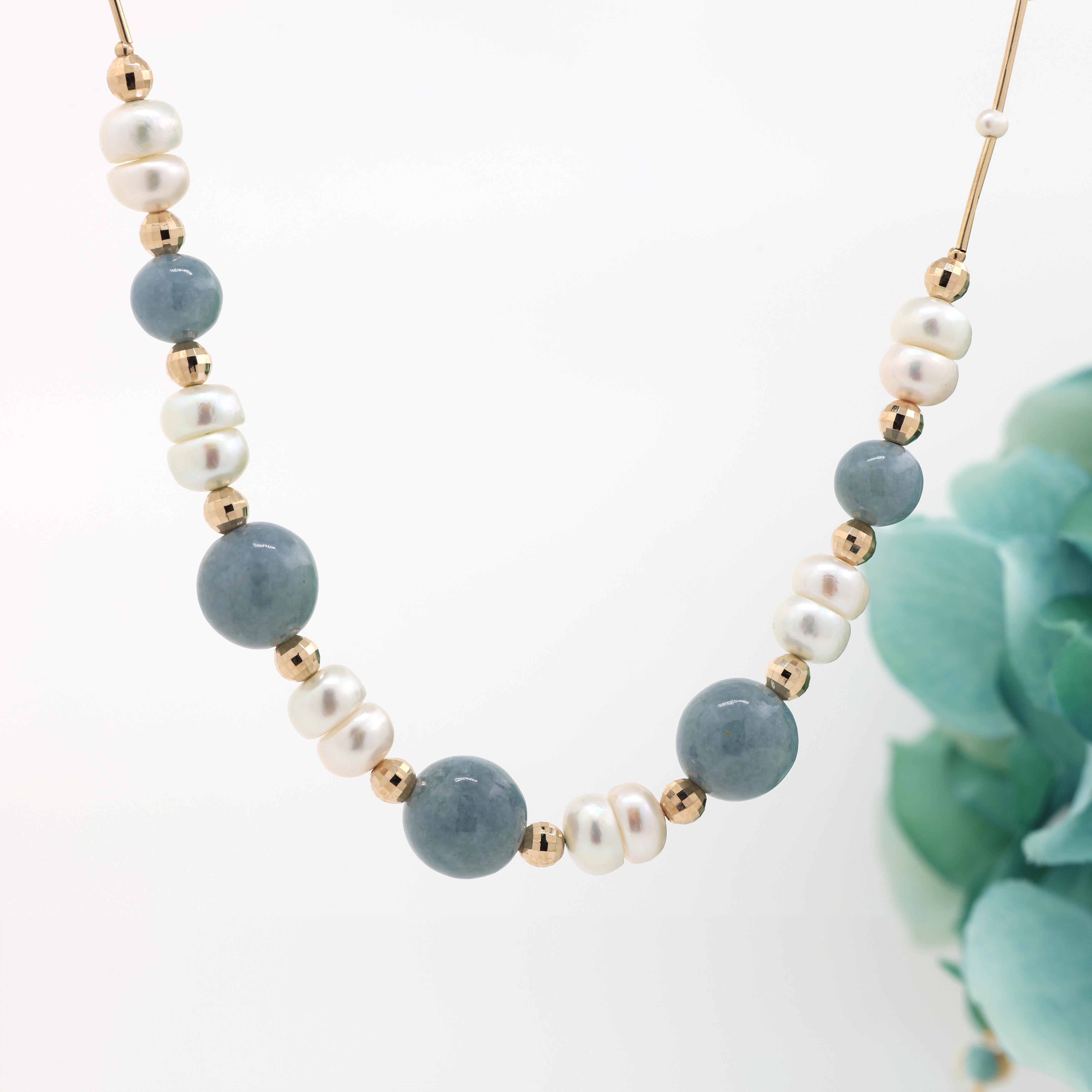 Freshwater Pearl Jade Beaded Ball Necklace 14K Yellow Gold Ladies 18.25" Vintage