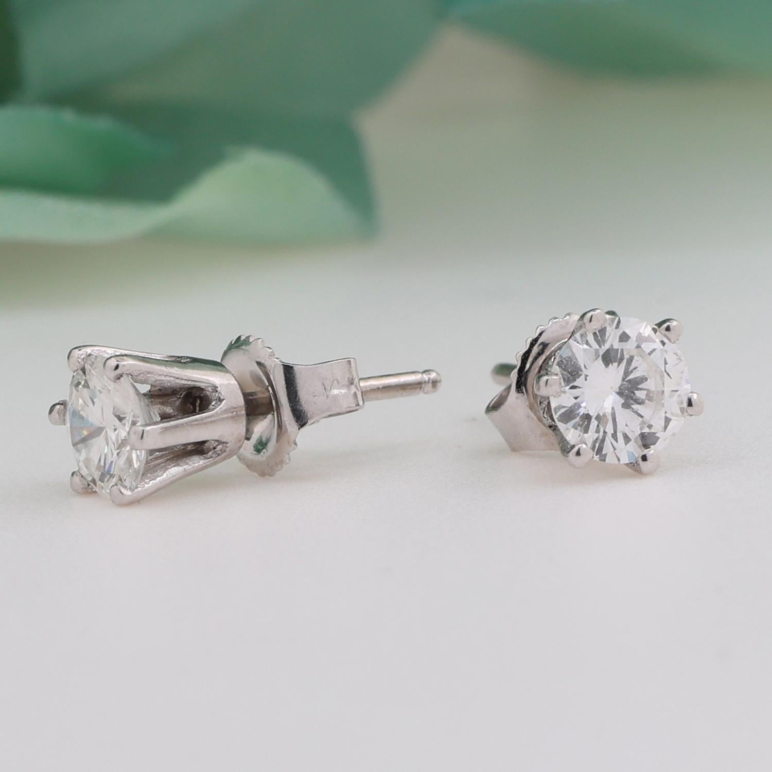 Round Diamond Stud Earrings 14K White Gold 1.35 TW 6-Prong Basket Setting