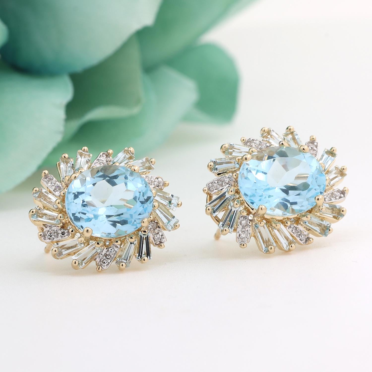 Topaz Diamond Aquamarine Halo Earrings 14K Yellow Gold Floral 13.40 CTW Omegas