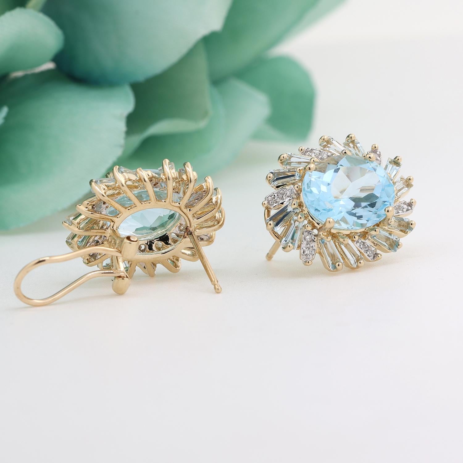 Topaz Diamond Aquamarine Halo Earrings 14K Yellow Gold Floral 13.40 CTW Omegas