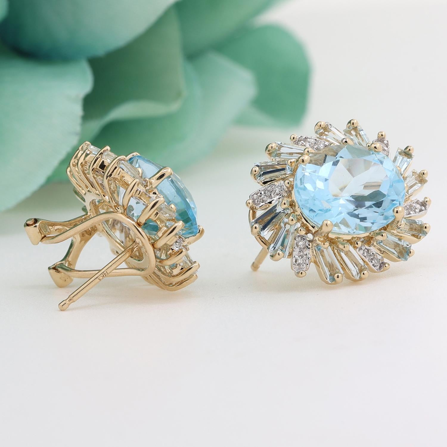 Topaz Diamond Aquamarine Halo Earrings 14K Yellow Gold Floral 13.40 CTW Omegas