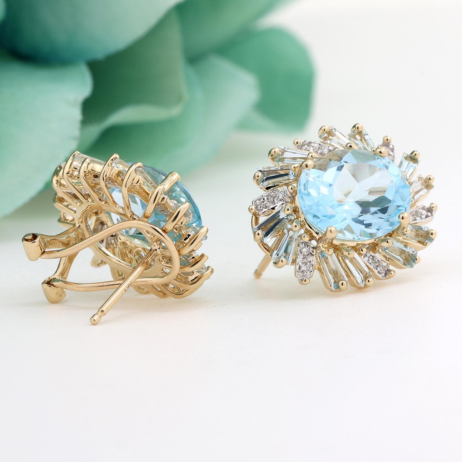 Topaz Diamond Aquamarine Halo Earrings 14K Yellow Gold Floral 13.40 CTW Omegas