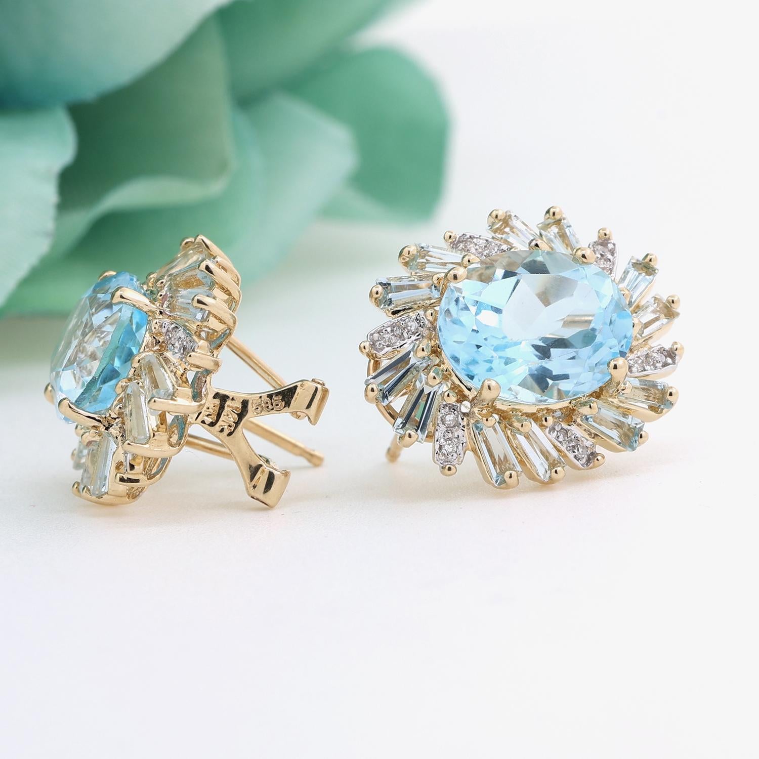 Topaz Diamond Aquamarine Halo Earrings 14K Yellow Gold Floral 13.40 CTW Omegas