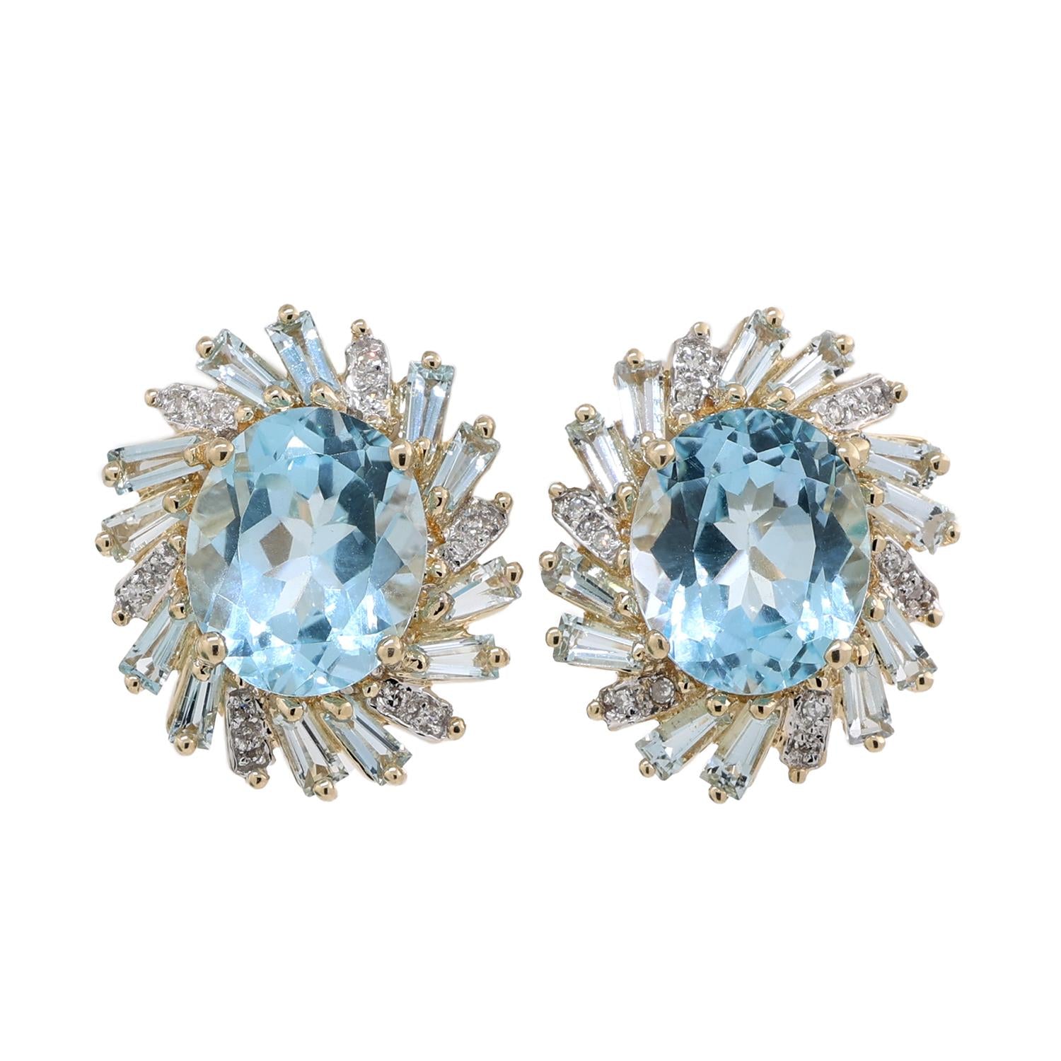 Topaz Diamond Aquamarine Halo Earrings 14K Yellow Gold Floral 13.40 CTW Omegas