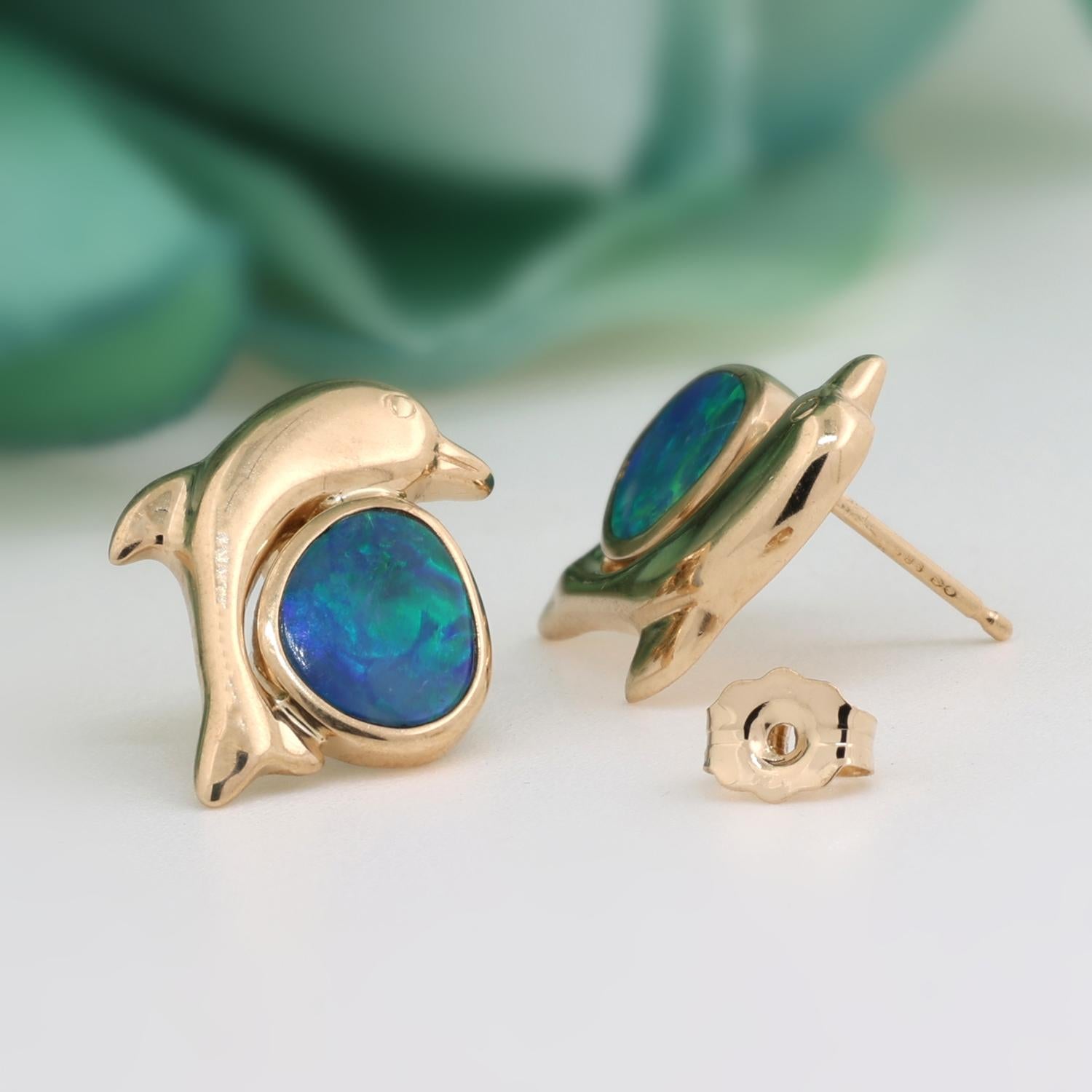 Dolphin Opal Gem Stud Earrings 14K Yellow Gold 11 mm Ladies Girls Vintage