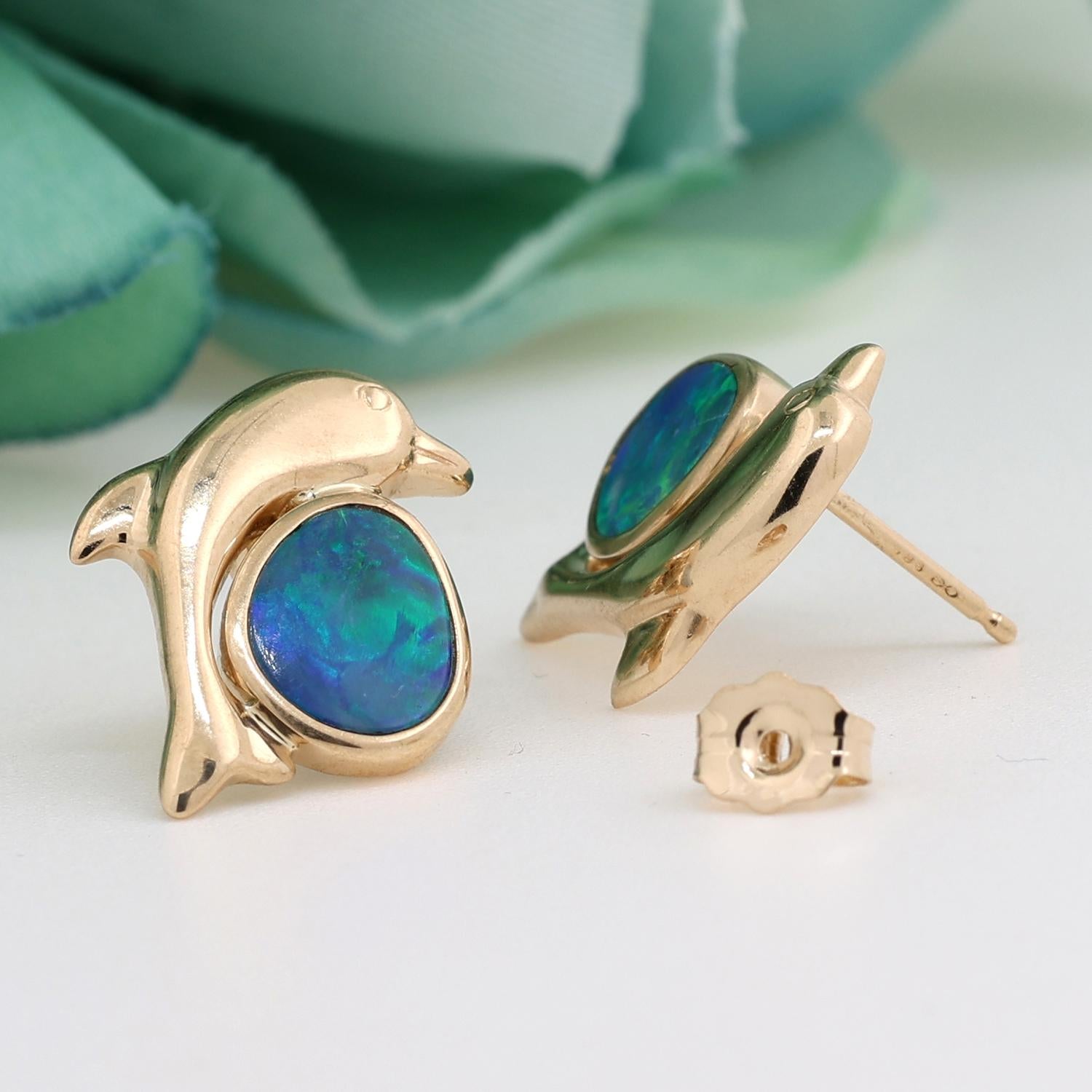 Dolphin Opal Gem Stud Earrings 14K Yellow Gold 11 mm Ladies Girls Vintage