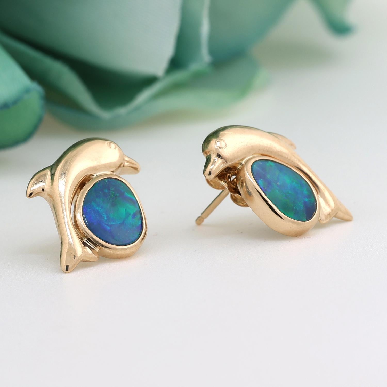 Dolphin Opal Gem Stud Earrings 14K Yellow Gold 11 mm Ladies Girls Vintage