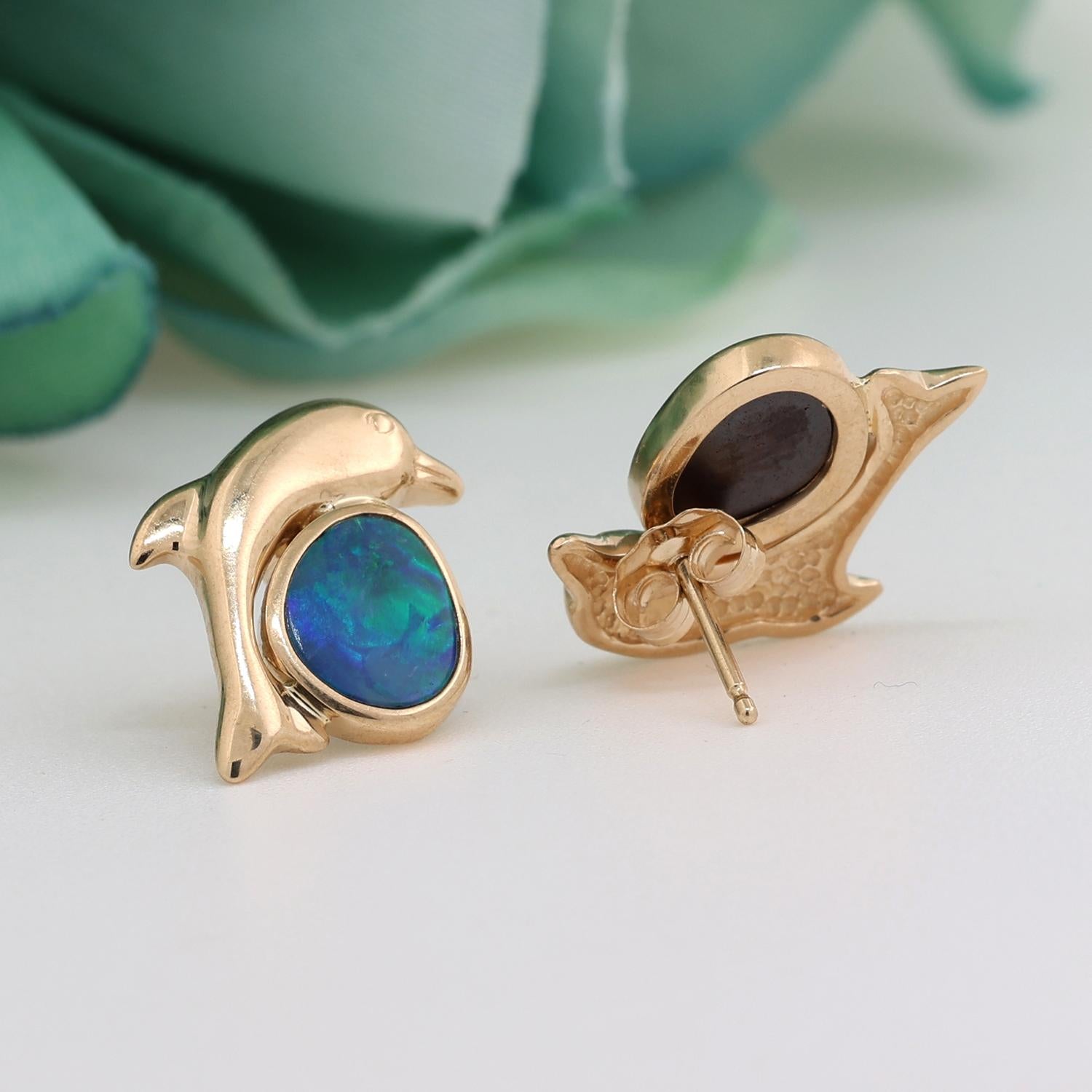 Dolphin Opal Gem Stud Earrings 14K Yellow Gold 11 mm Ladies Girls Vintage