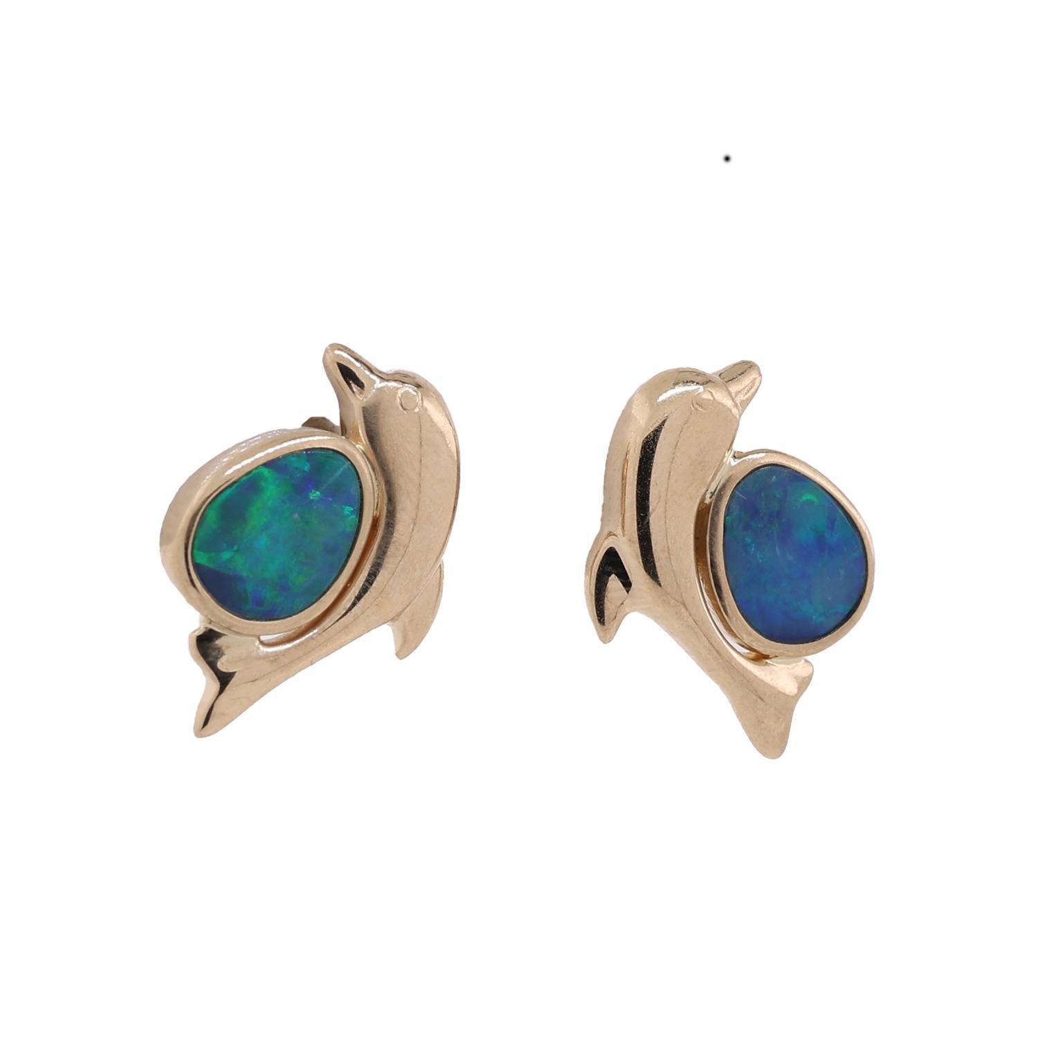 Dolphin Opal Gem Stud Earrings 14K Yellow Gold 11 mm Ladies Girls Vintage