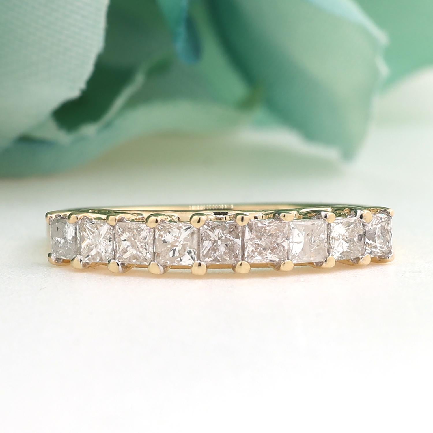 0.90 TW Princess Diamond Half Eternity Band Ring 10K Yellow Gold Size 7.25