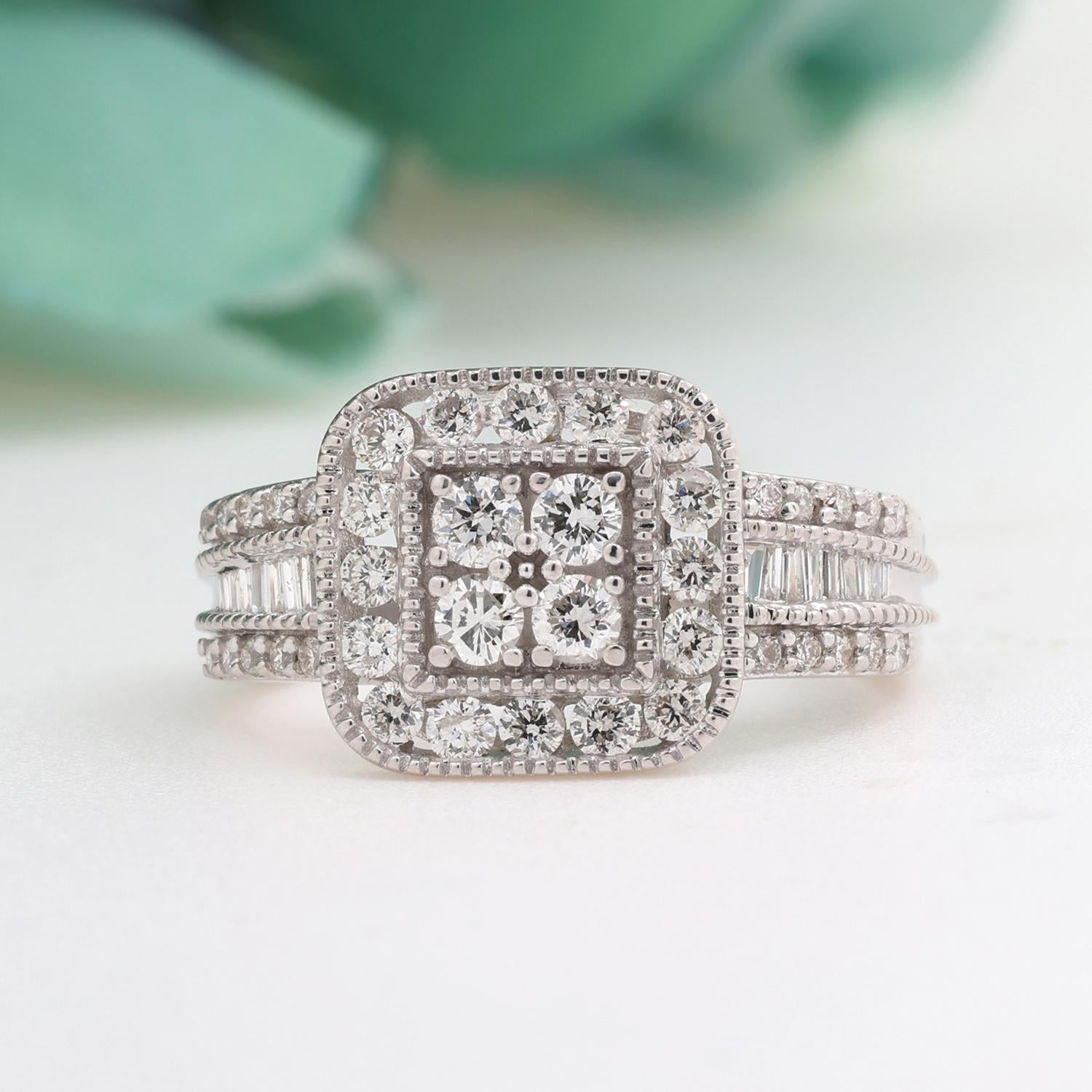 Square Cluster Diamond Halo Ring 10K White Gold Round Baguette Diamond Size 7.25