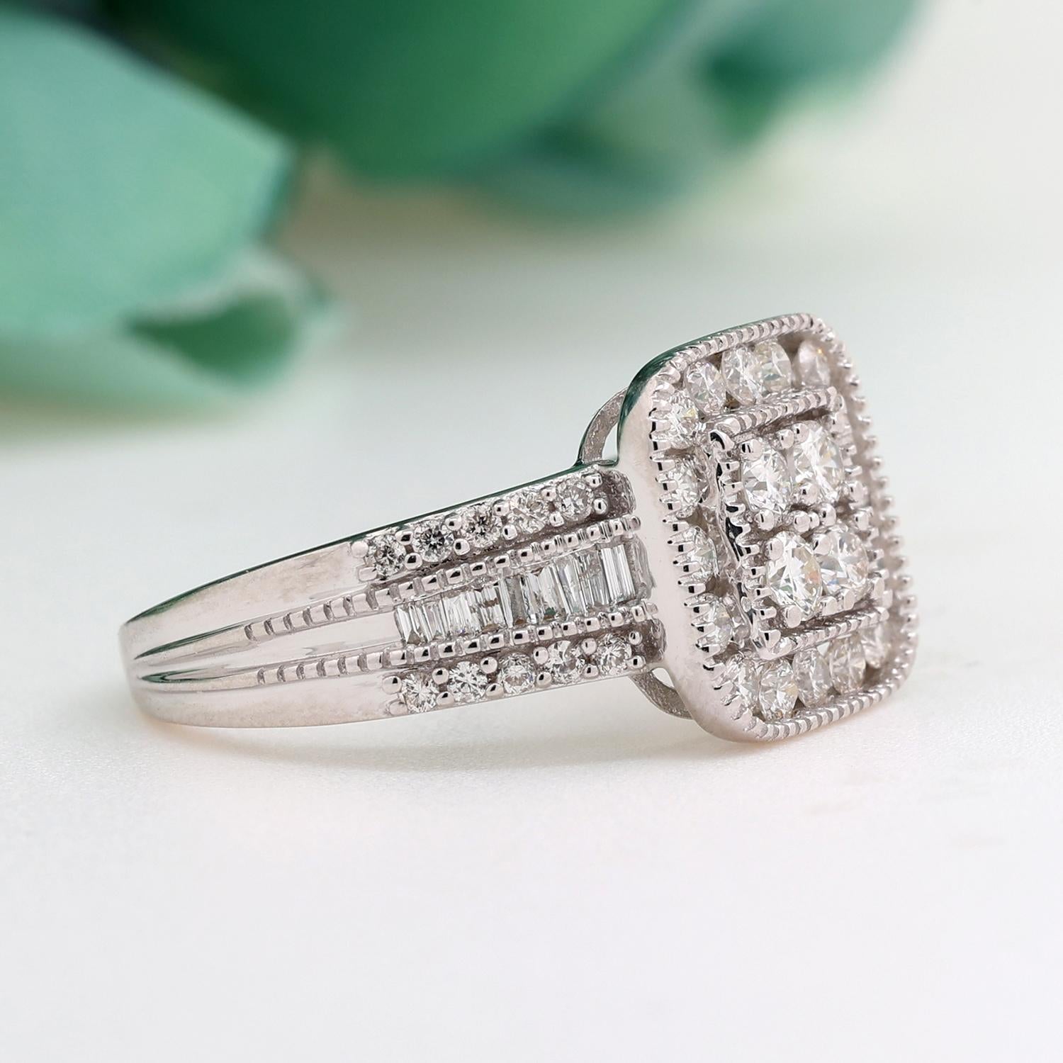 Square Cluster Diamond Halo Ring 10K White Gold Round Baguette Diamond Size 7.25