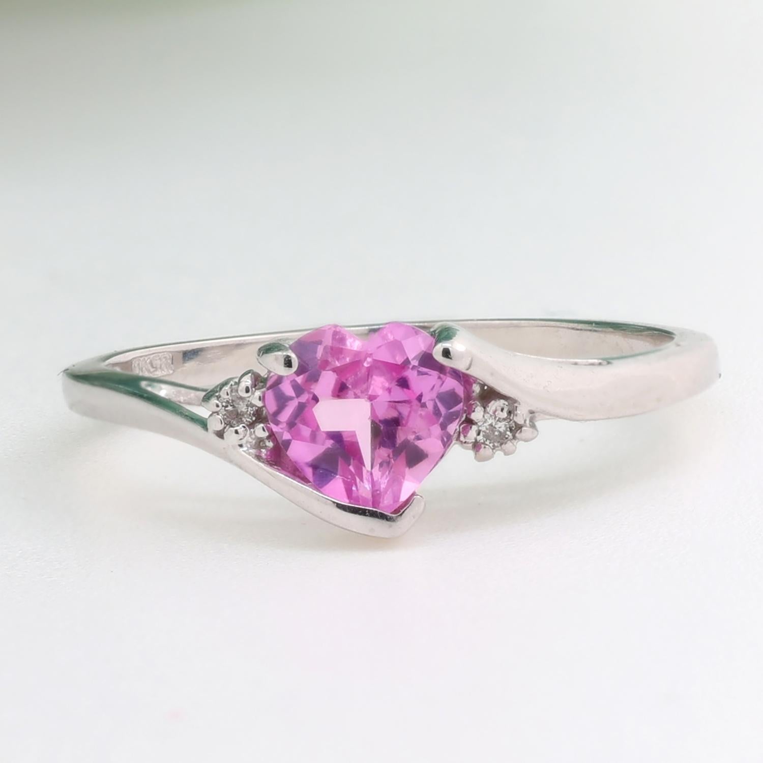 Pink Sapphire Heart Diamond Ring 10K White Gold 1.12 CTW Lab Created Gem SZ 7.5