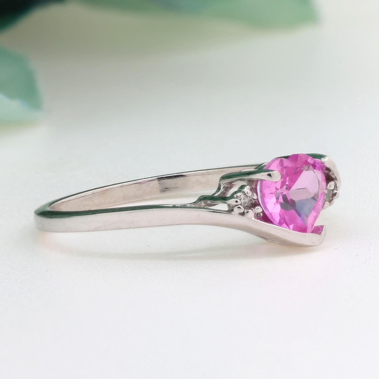 Pink Sapphire Heart Diamond Ring 10K White Gold 1.12 CTW Lab Created Gem SZ 7.5