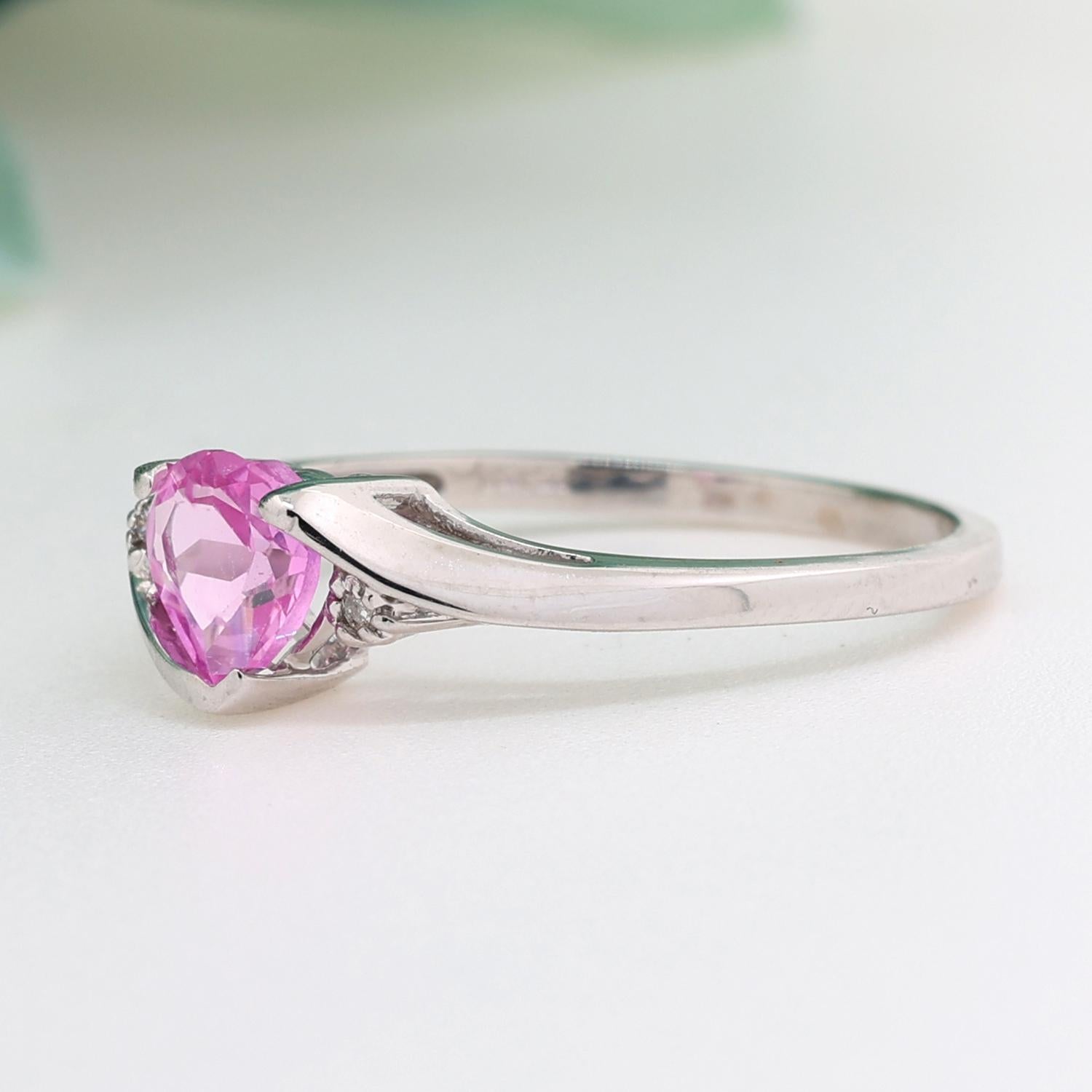 Pink Sapphire Heart Diamond Ring 10K White Gold 1.12 CTW Lab Created Gem SZ 7.5