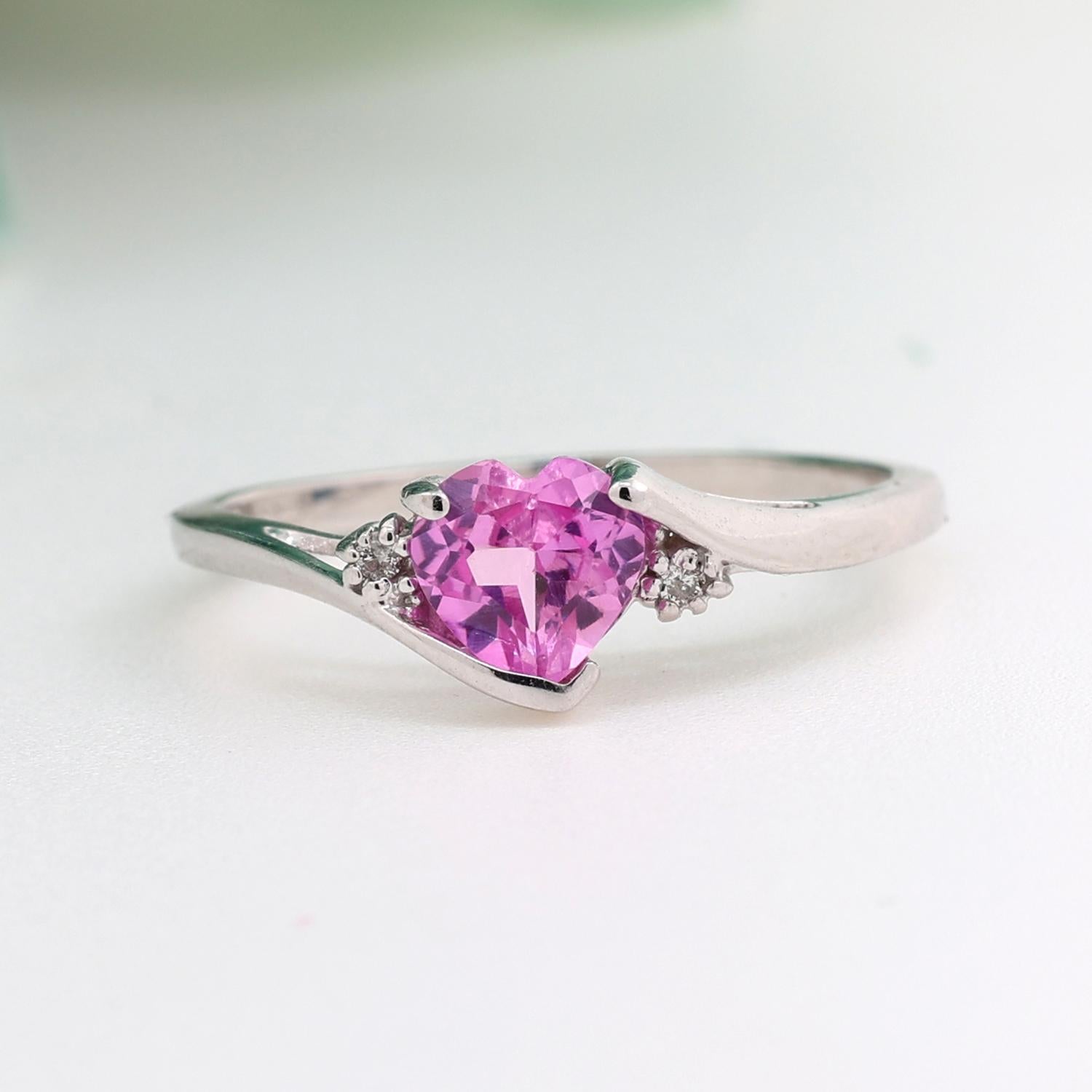 Pink Sapphire Heart Diamond Ring 10K White Gold 1.12 CTW Lab Created Gem SZ 7.5