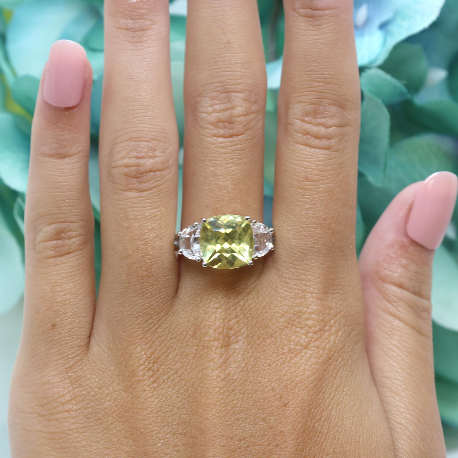 Cushion Cut Yellow White Topaz Cocktail Ring 10K White Gold Size 11.5 Ladies