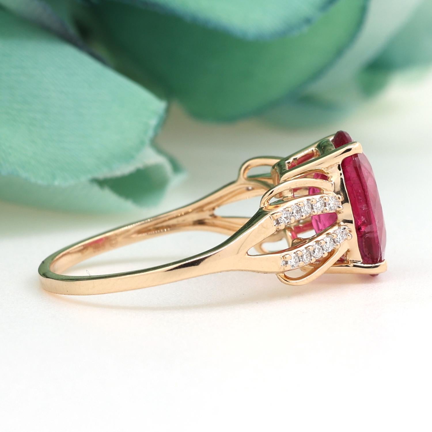 Pink Tourmaline Diamond Ring 14K Yellow Gold 3.70 CTW Size 7.25 Ladies Estate