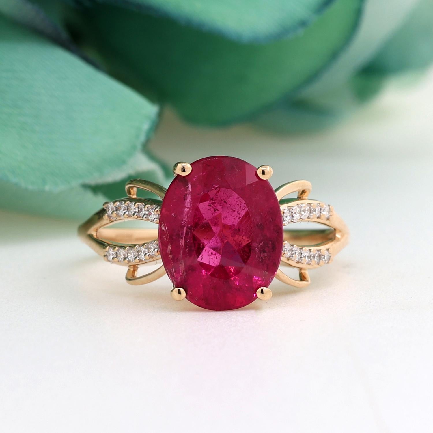 Pink Tourmaline Diamond Ring 14K Yellow Gold 3.70 CTW Size 7.25 Ladies Estate