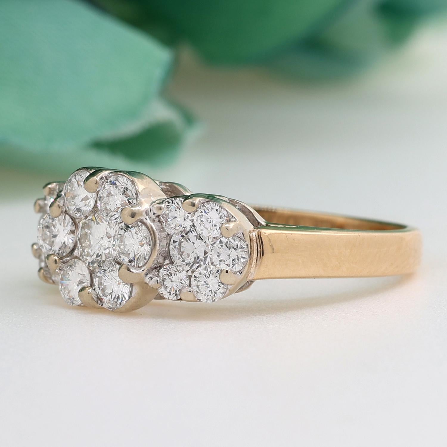 1.50 TW Cluster Halo Diamond Flower Ring 14K Gold Size 7.25 Ladies Estate