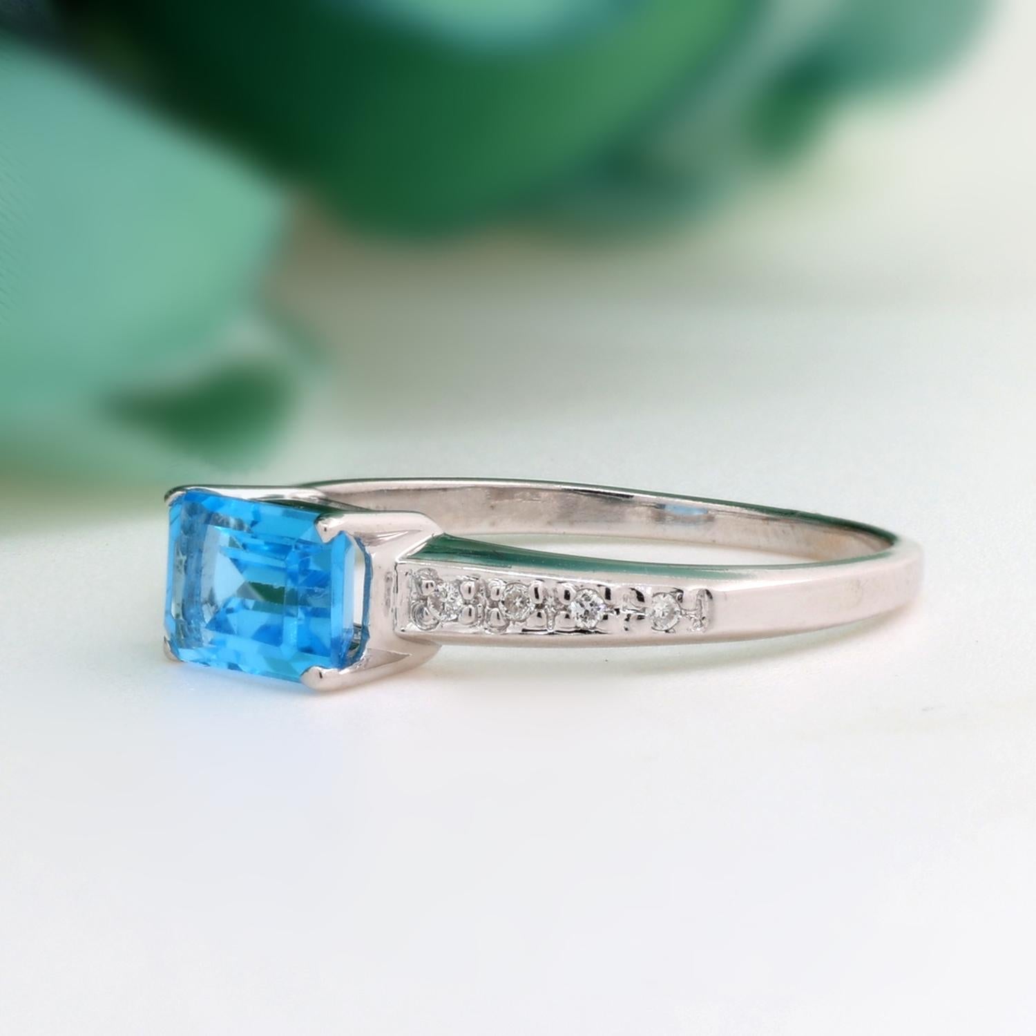 Emerald Cut Swiss Blue Topaz Diamond Ring 14K White Gold 1.38 CTW Size 7.5