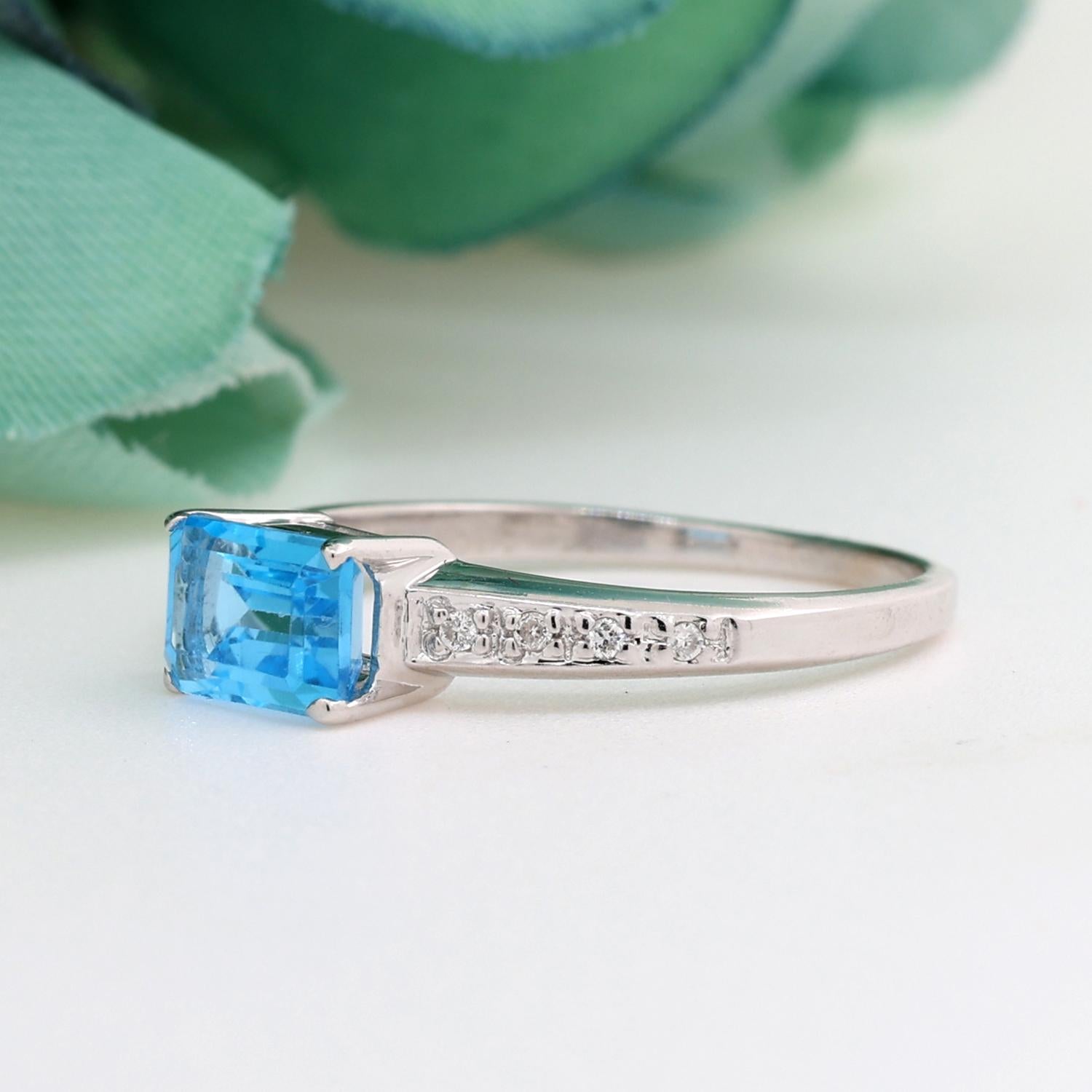 Emerald Cut Swiss Blue Topaz Diamond Ring 14K White Gold 1.38 CTW Size 7.5