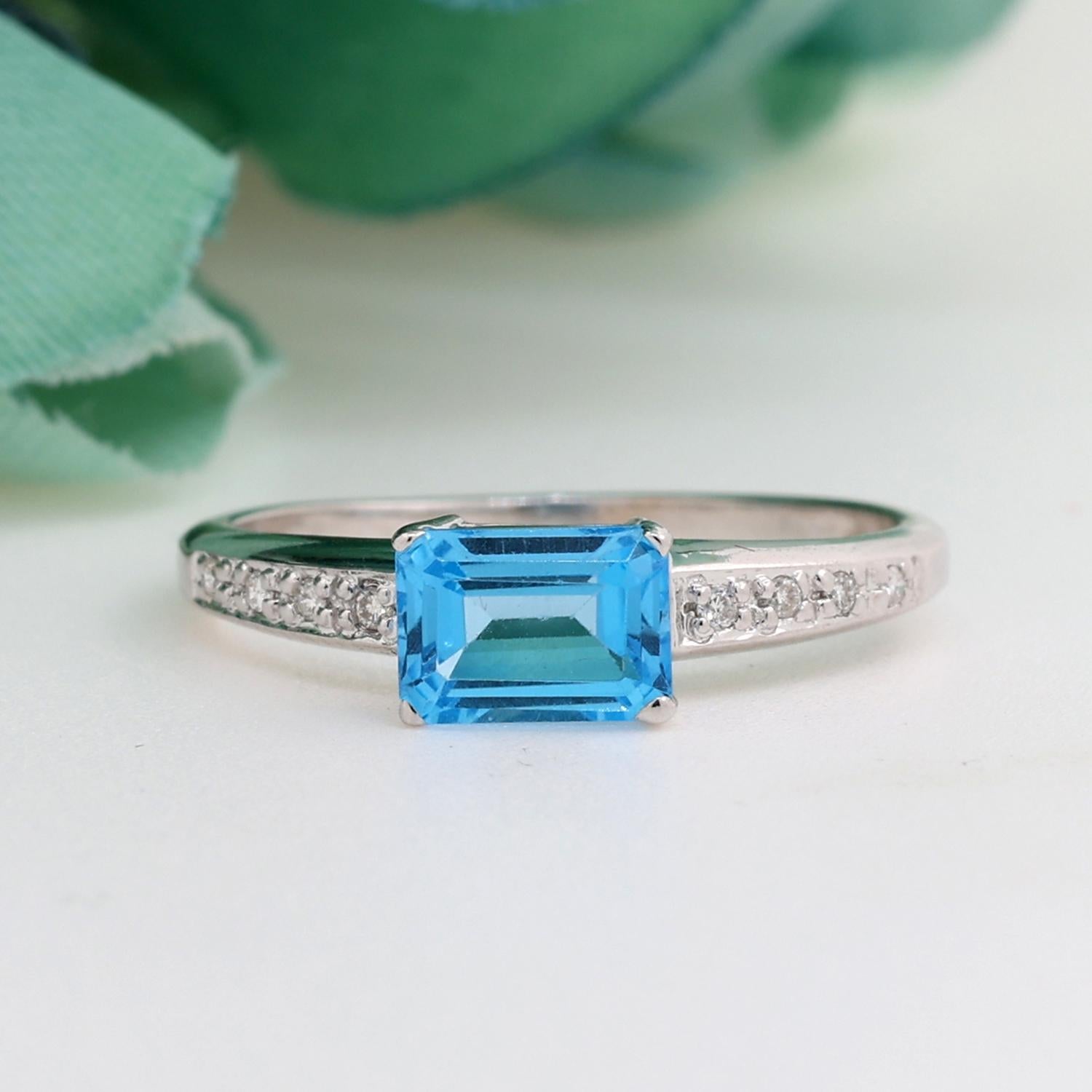 Emerald Cut Swiss Blue Topaz Diamond Ring 14K White Gold 1.38 CTW Size 7.5