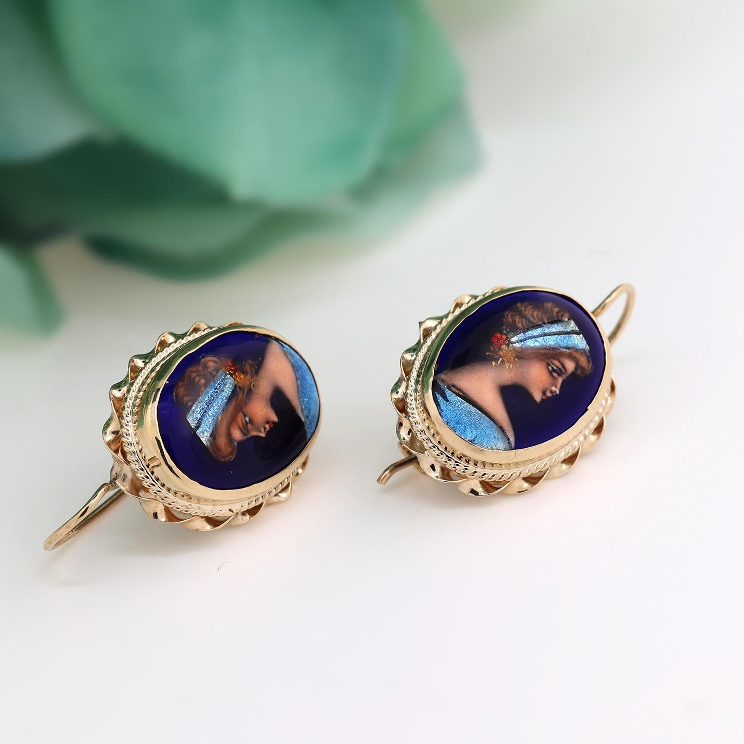 Vintage French Painted Portrait Porcelain Drop Dangle Earrings 14K Yellow Gold