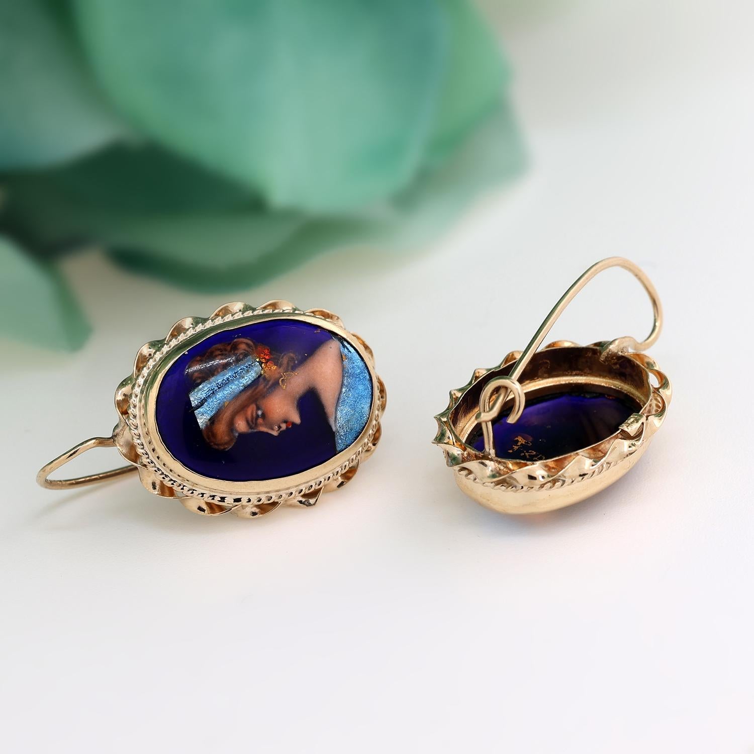 Vintage French Painted Portrait Porcelain Drop Dangle Earrings 14K Yellow Gold