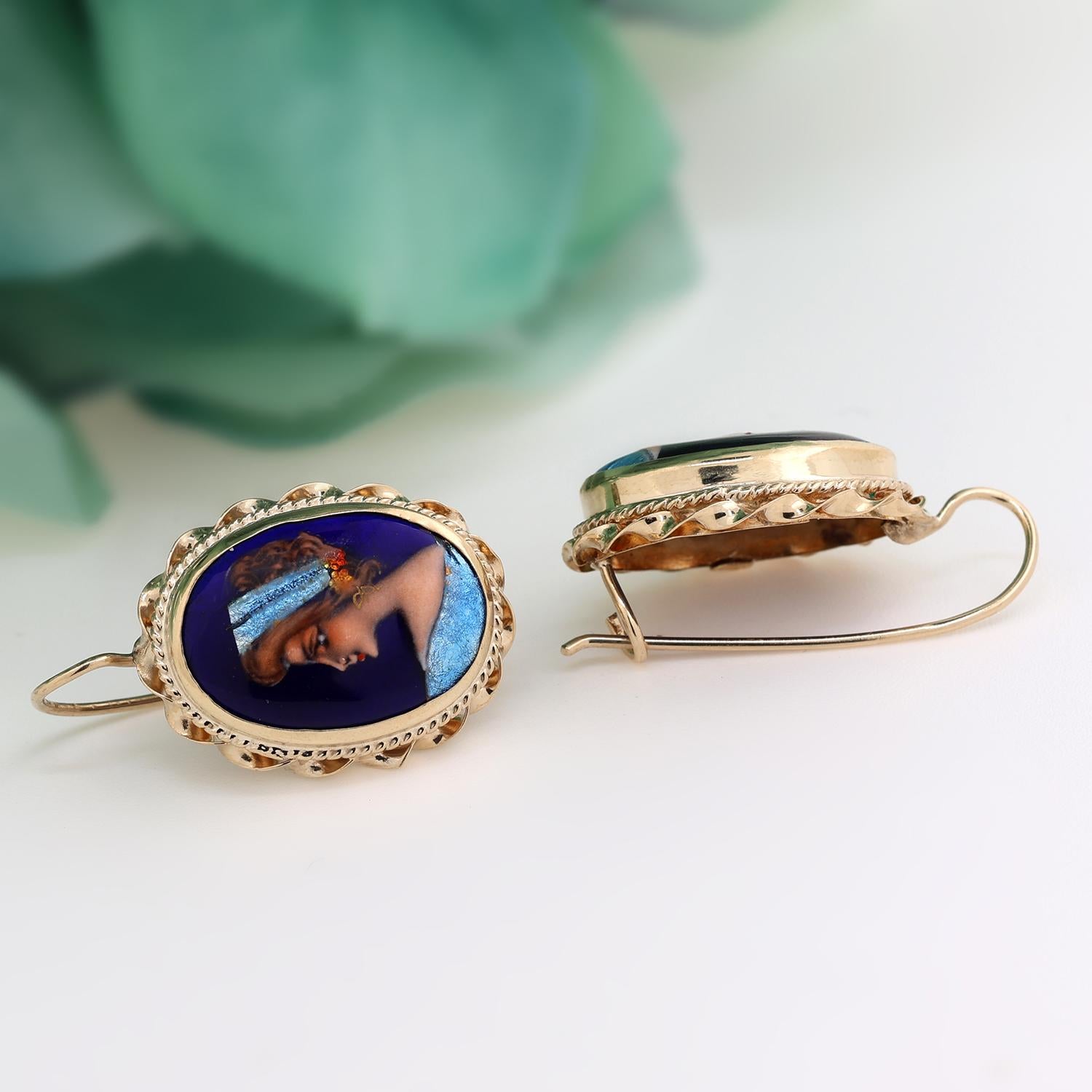Vintage French Painted Portrait Porcelain Drop Dangle Earrings 14K Yellow Gold