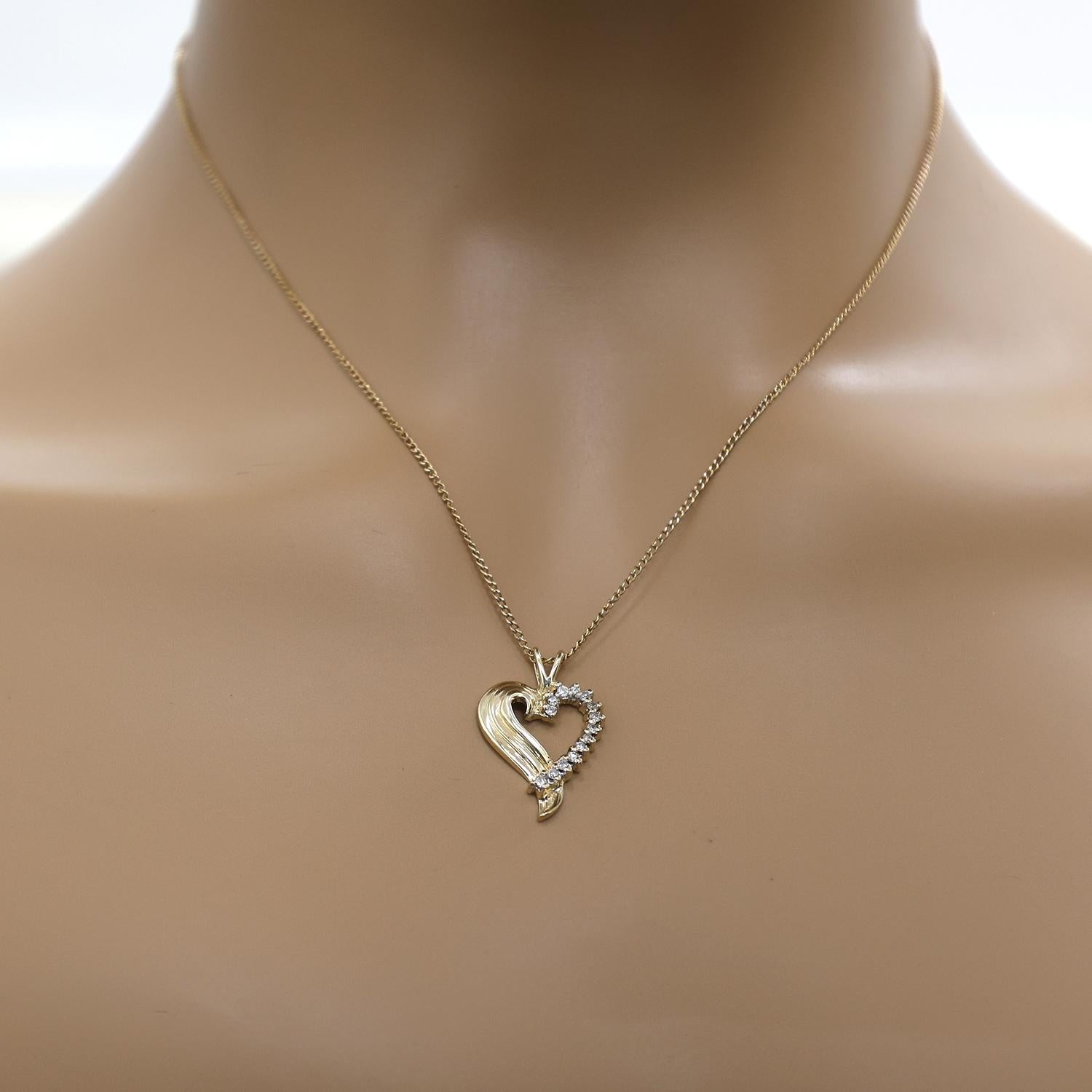 Diamond Open Heart Pendant 14K Yellow Gold 0.15 TW 0.95" Ladies Estate